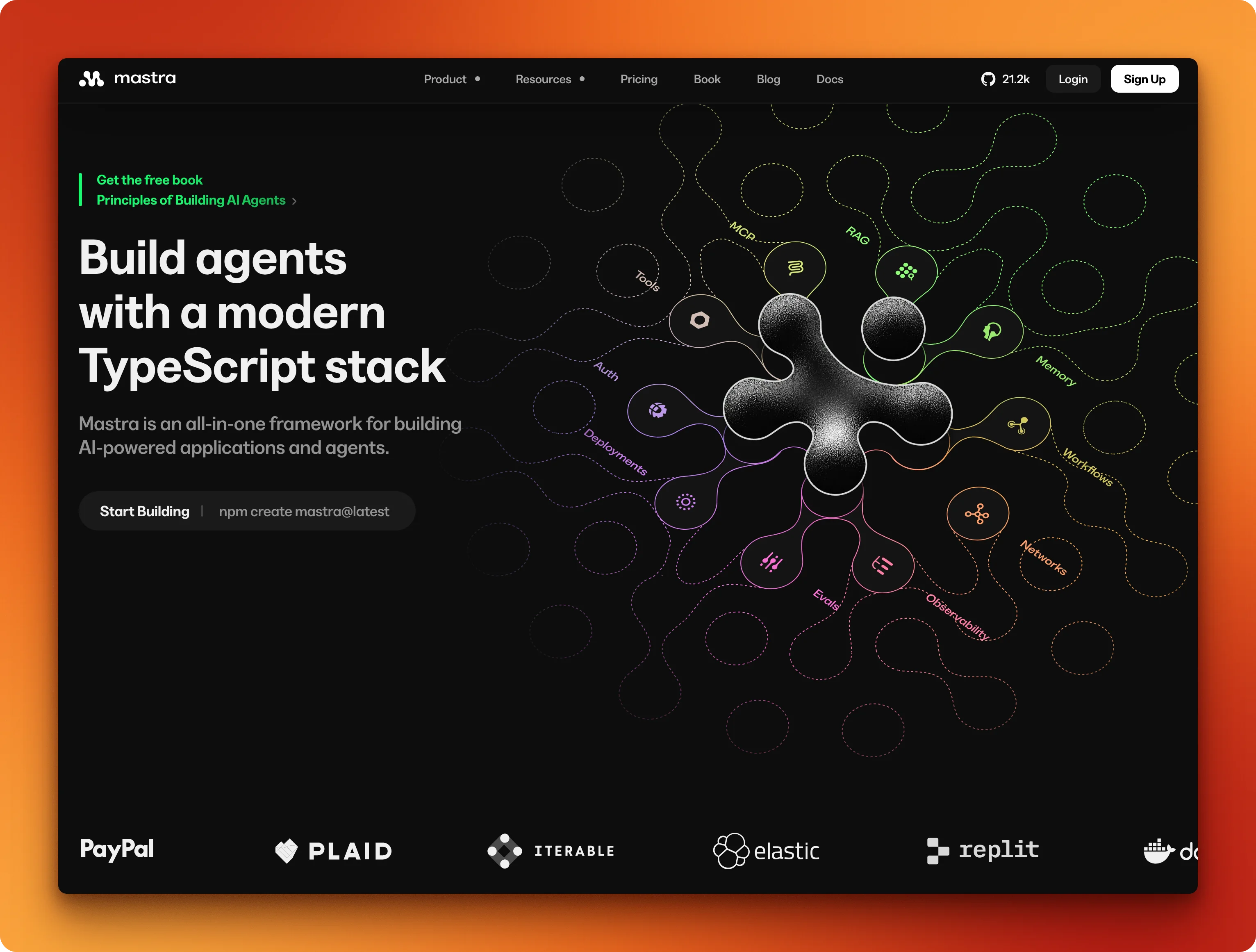 Mastra framework interface showing TypeScript-first agent development with graph-based workflows and multi-agent routing