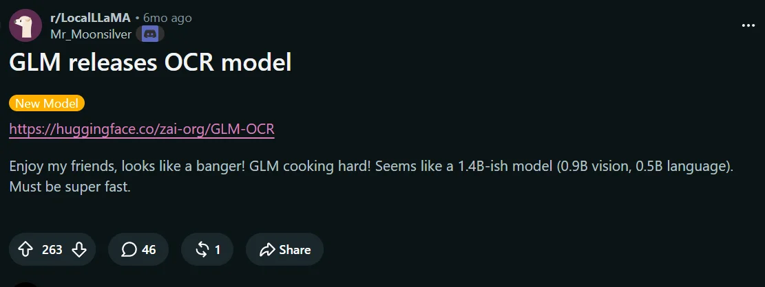 Reddit post about GLM-OCR