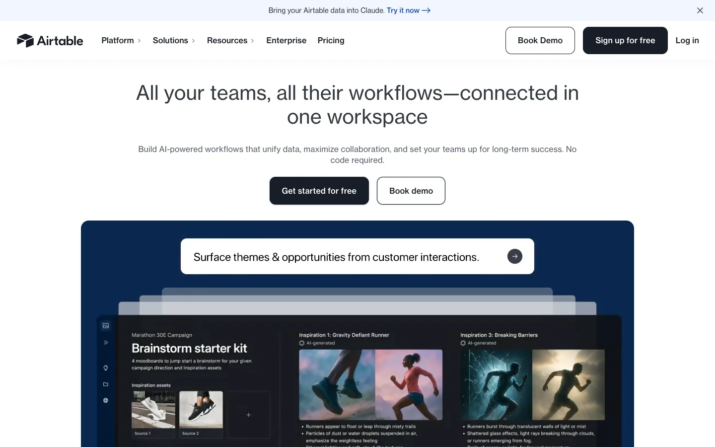 Airtable homepage showing all your teams and workflows connected in one workspace with an AI prompt box.