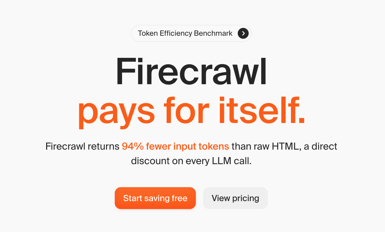 Firecrawl token-efficiency banner stating 94% fewer input tokens than raw HTML.