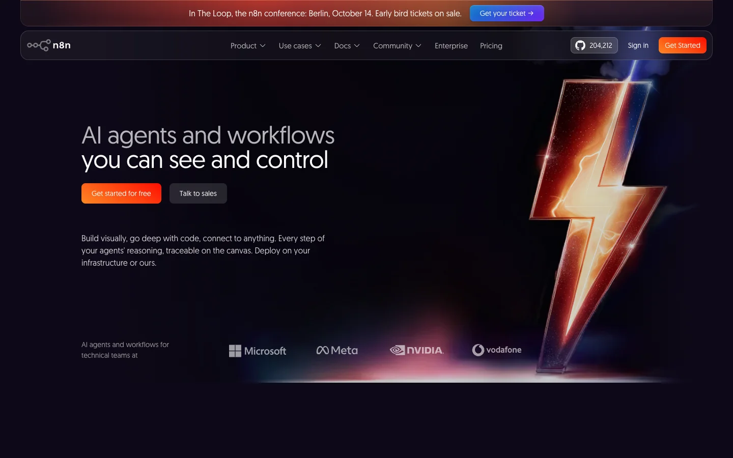 n8n homepage with the headline AI agents and workflows you can see and control.