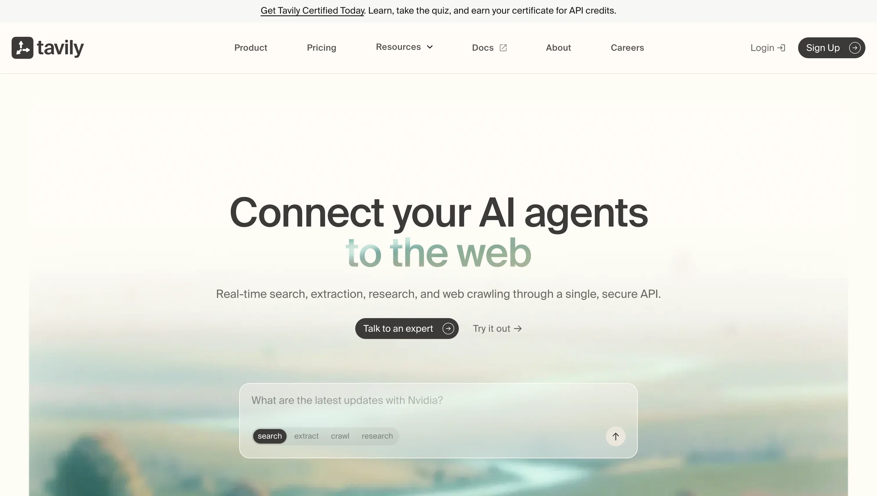 Tavily homepage showing search API built for LLM agents and RAG workflows