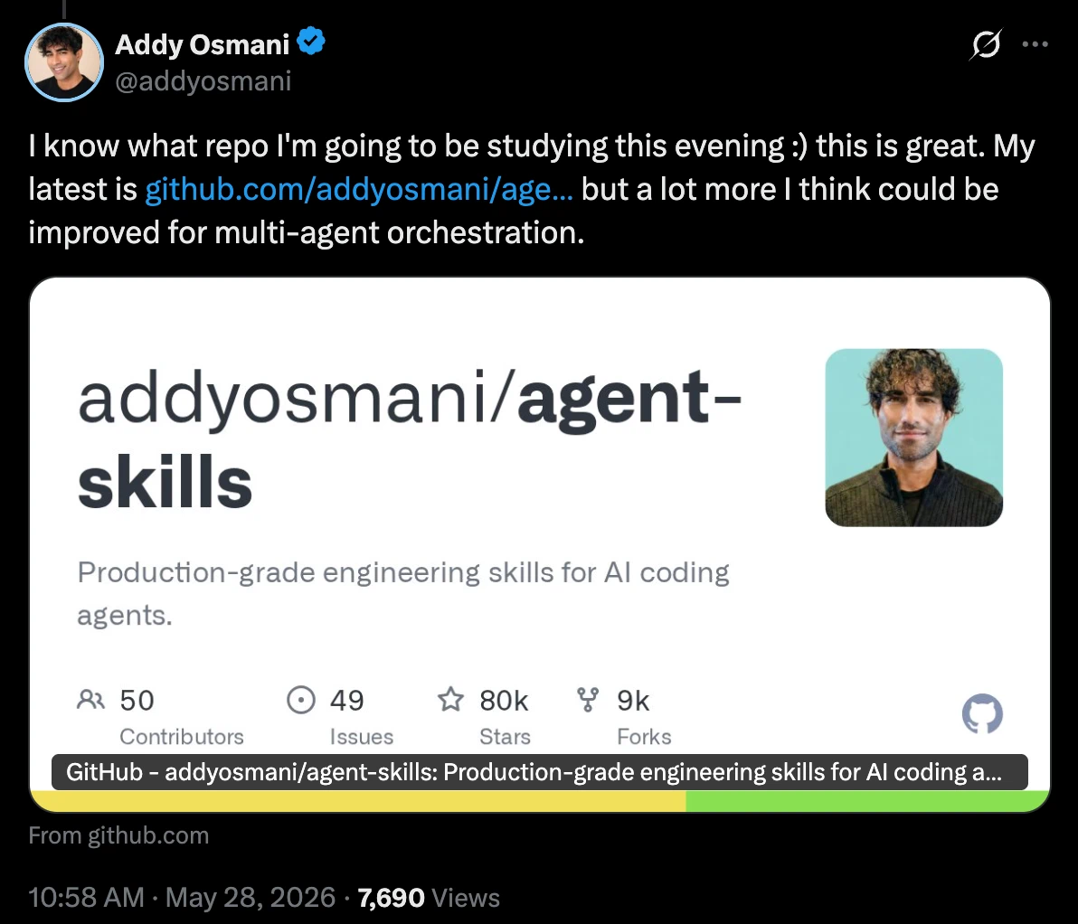 Addy Osmani praising an agent-skills repository and linking his own collection