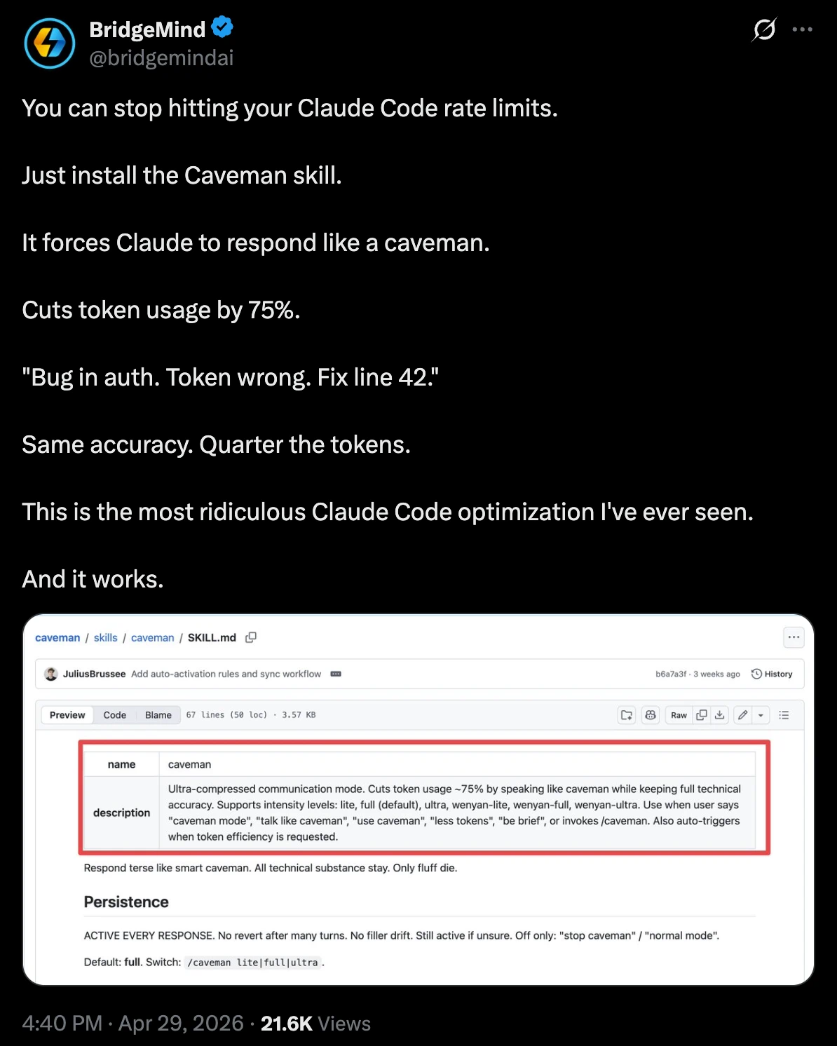 A post describing Caveman response compression and showing its skill file