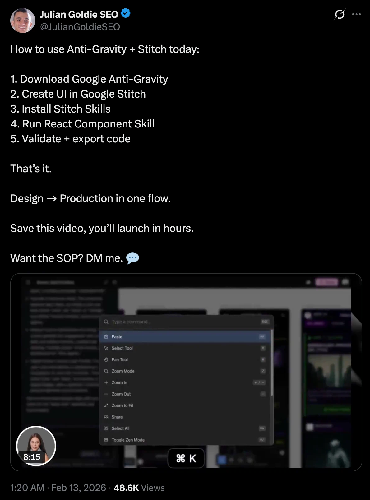 A user post outlining an Antigravity and Google Stitch design-to-code workflow