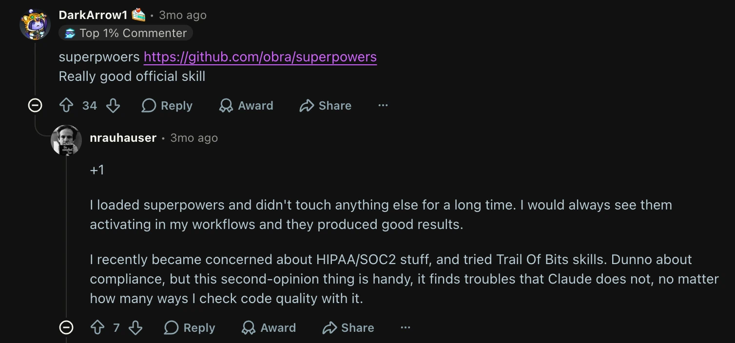 Reddit comments recommending Superpowers and describing a Trail of Bits Second Opinion review