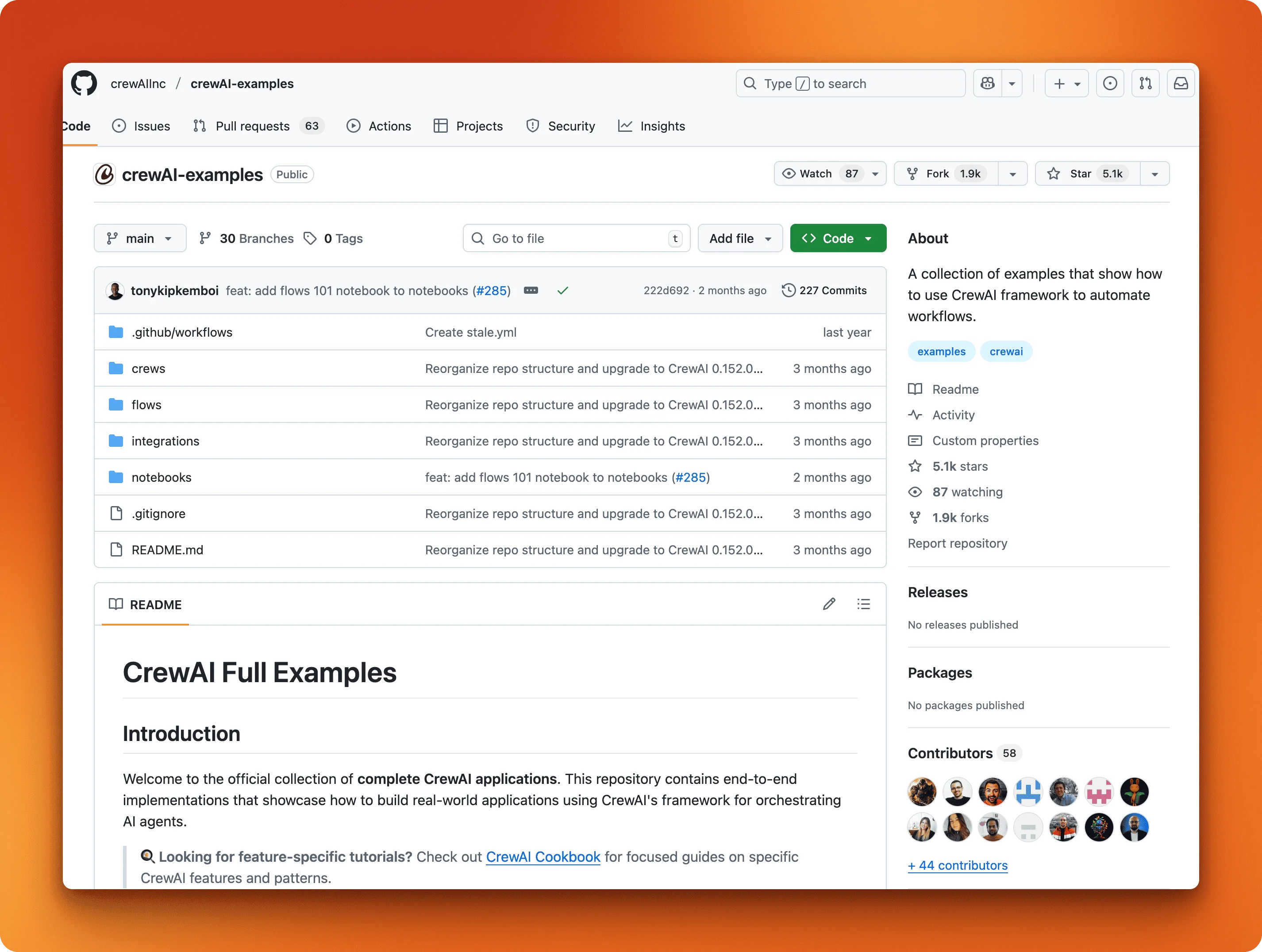 CrewAI GitHub repository with production-ready examples for building multi-agent teams, workflow automation, and complex agent orchestration systems