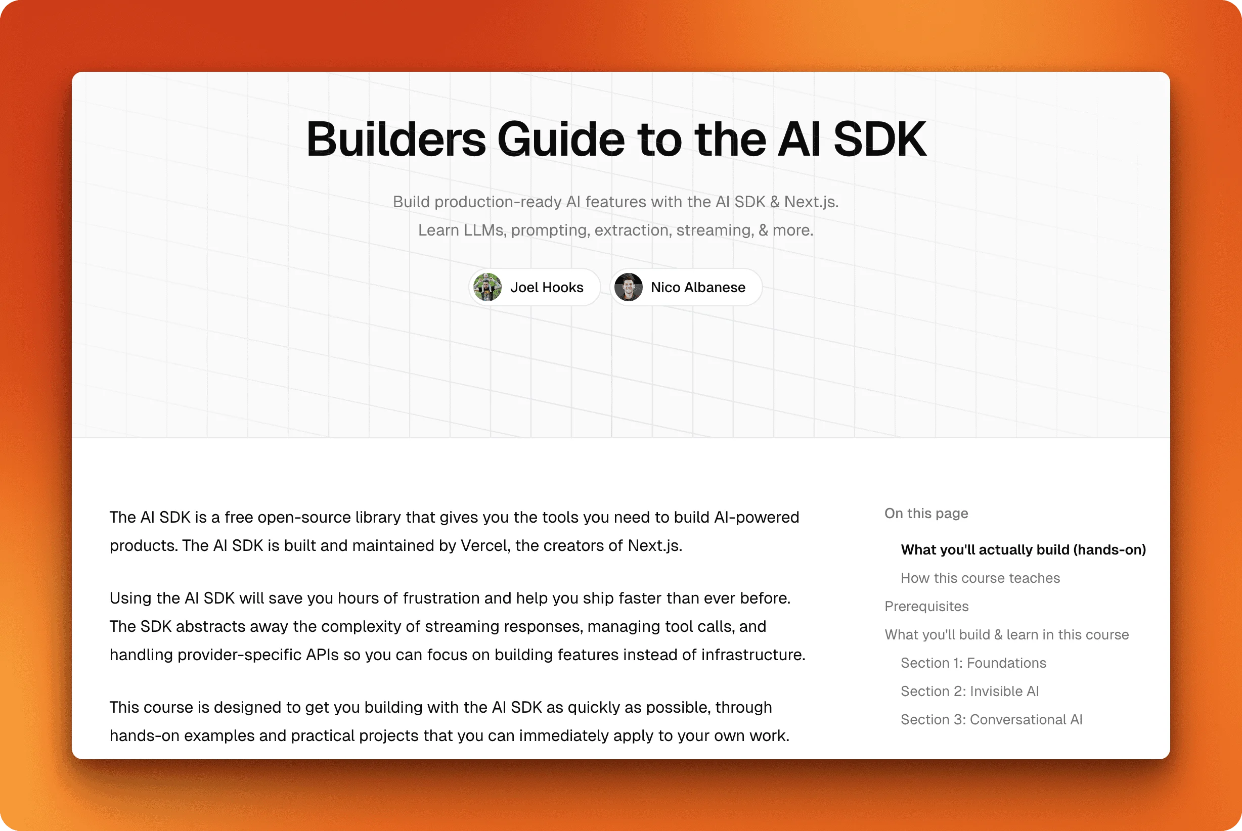 Vercel AI SDK Academy teaching TypeScript developers to build production chatbots with streaming responses, tool calling, and generative UI components