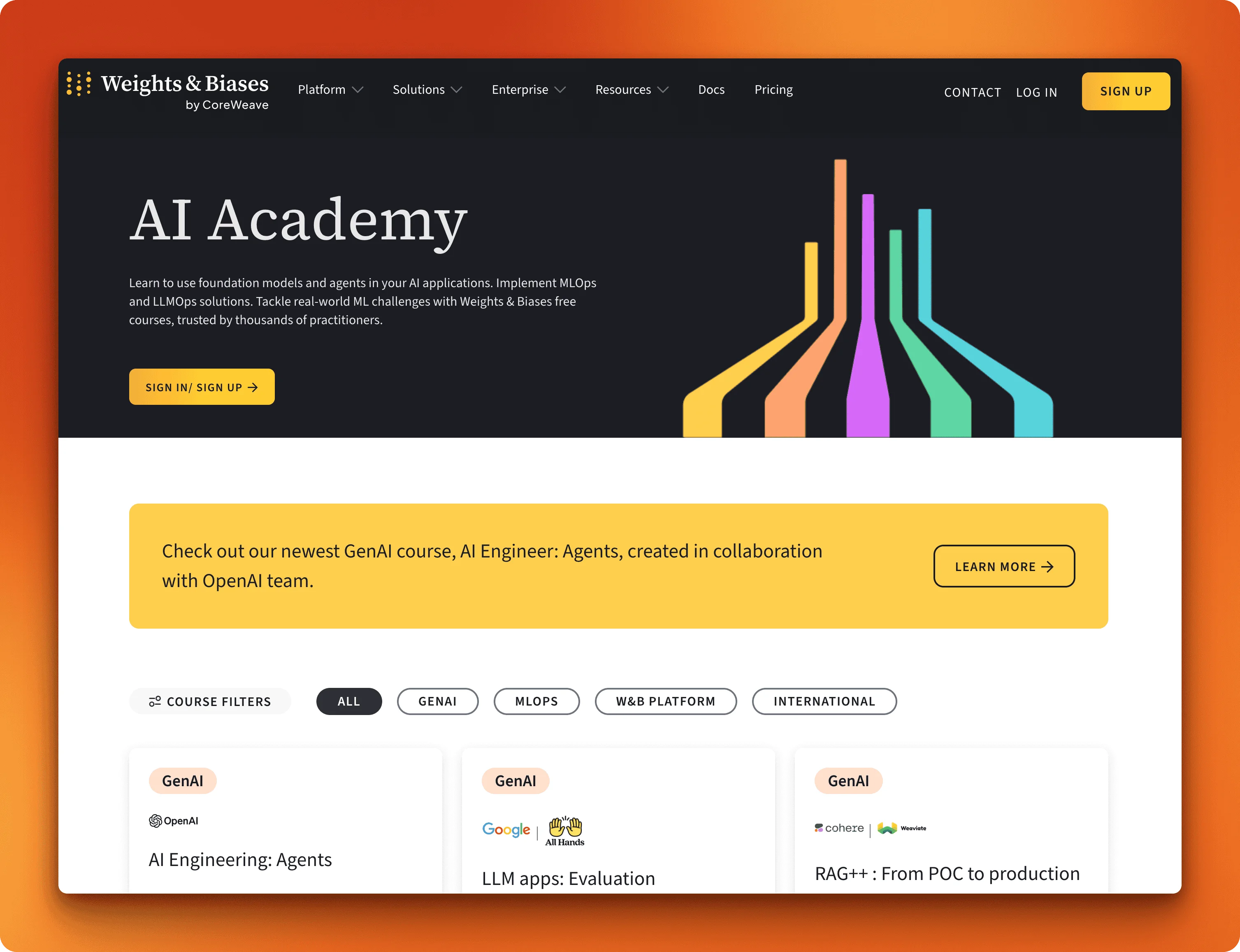 Weights and Biases AI Academy courses on production agents, LLM evaluation pipelines, and RAG system monitoring taught by engineers from OpenAI and Google