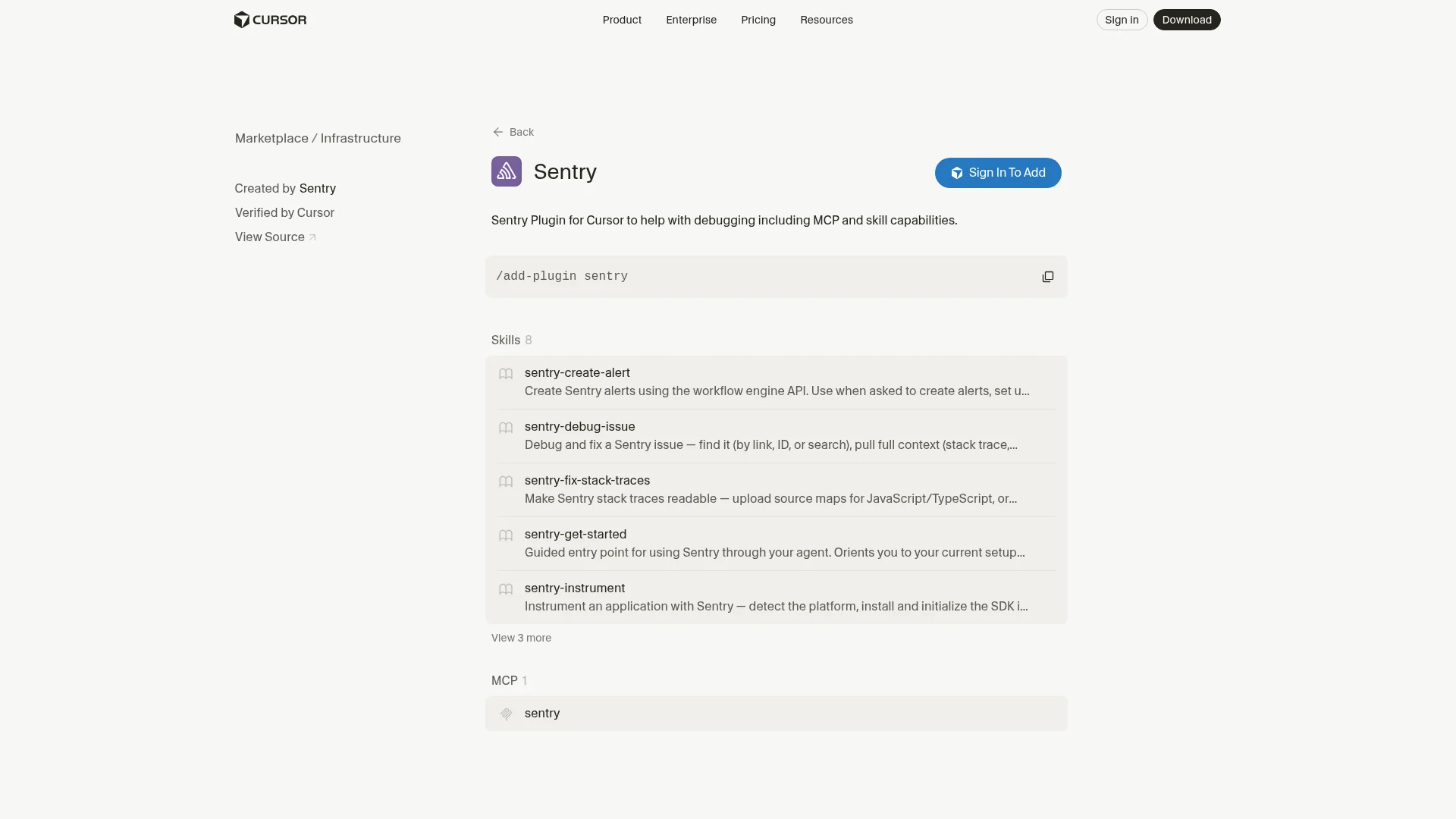 Sentry plugin in the Cursor Marketplace