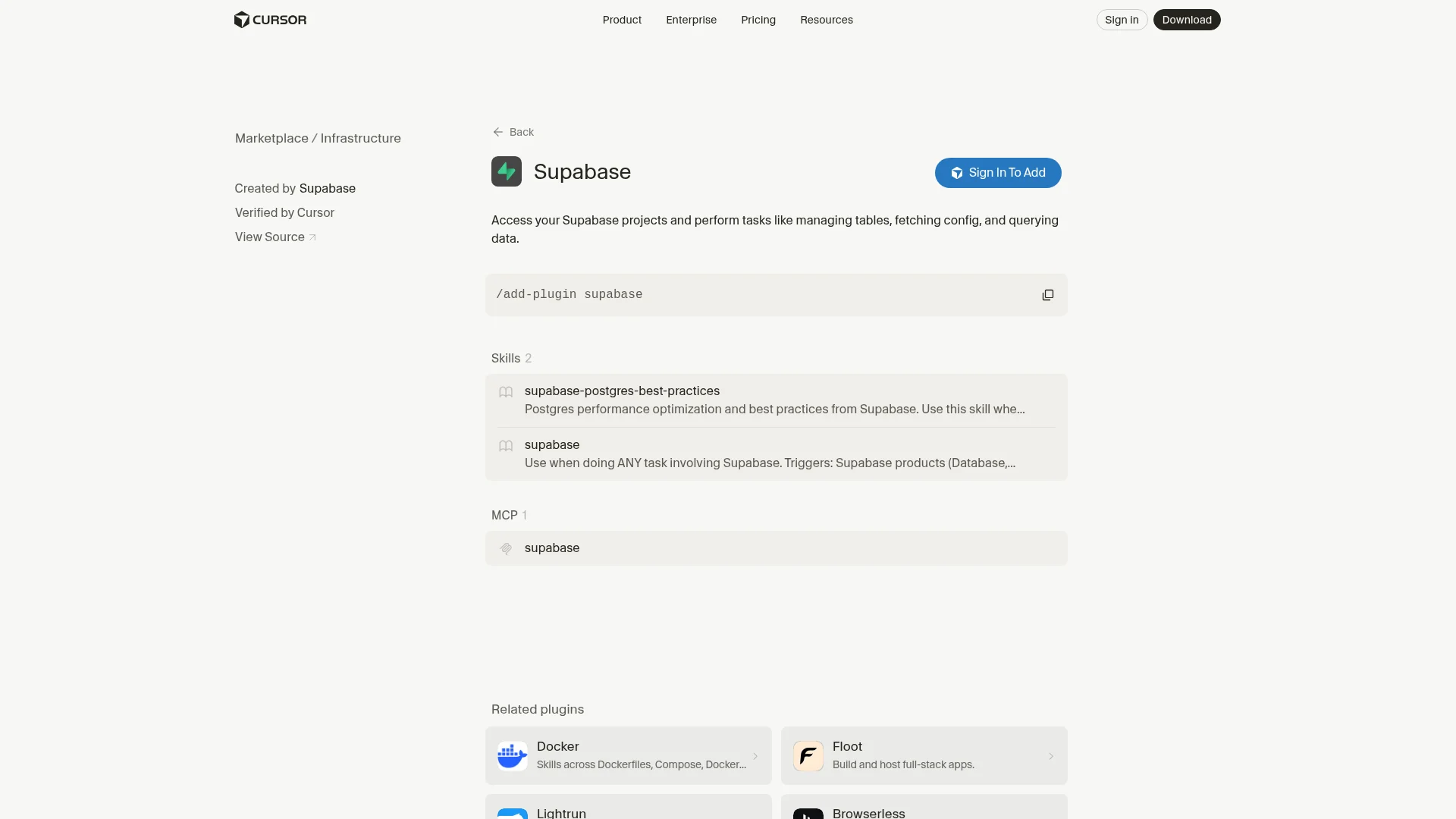 Supabase plugin in the Cursor Marketplace