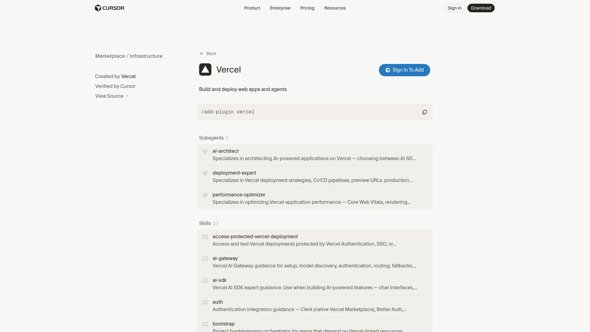 Vercel plugin in the Cursor Marketplace