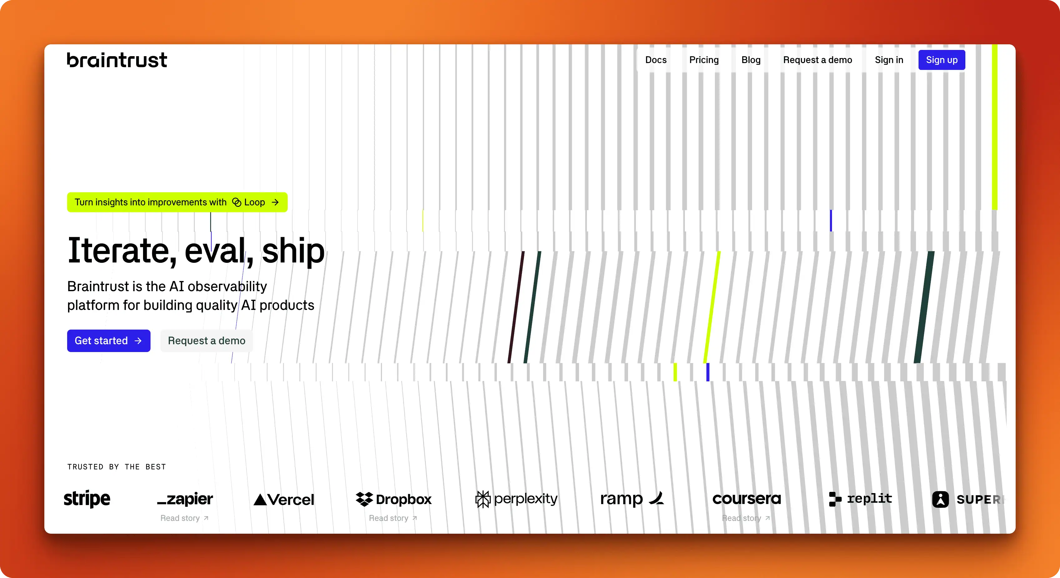 Braintrust AI evaluation platform with experiment tracking and prompt comparison features
