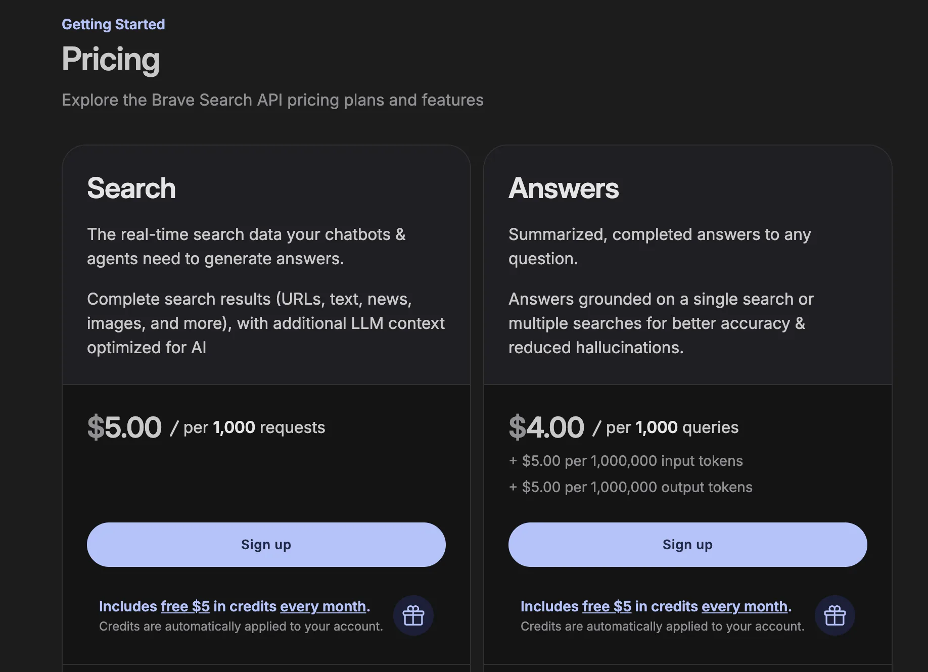 Brave Search API pricing page