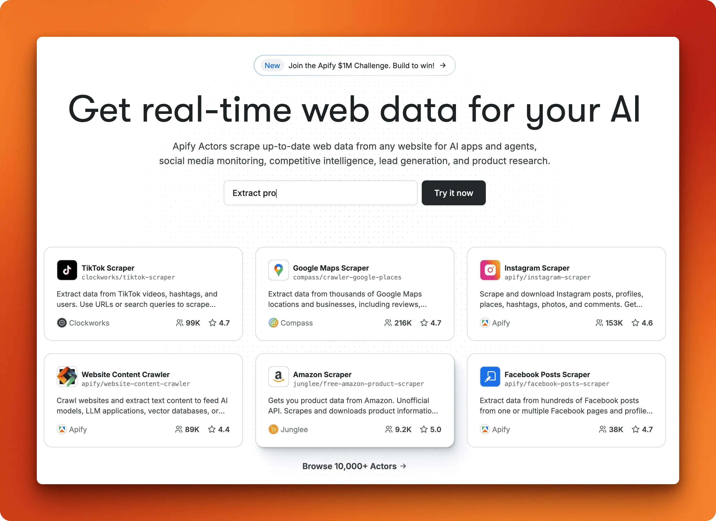 Apify marketplace showing Google Search Results Scraper actor for SERP data extraction
