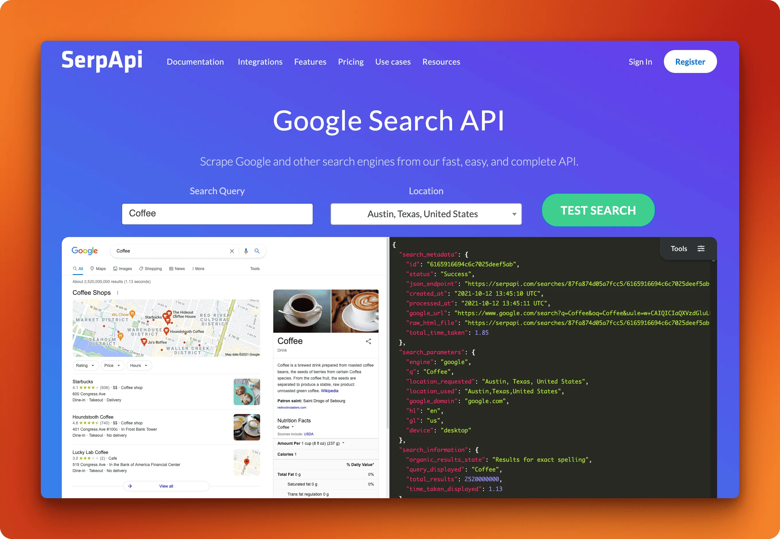 SerpApi dashboard showing Google SERP scraping results with structured JSON output