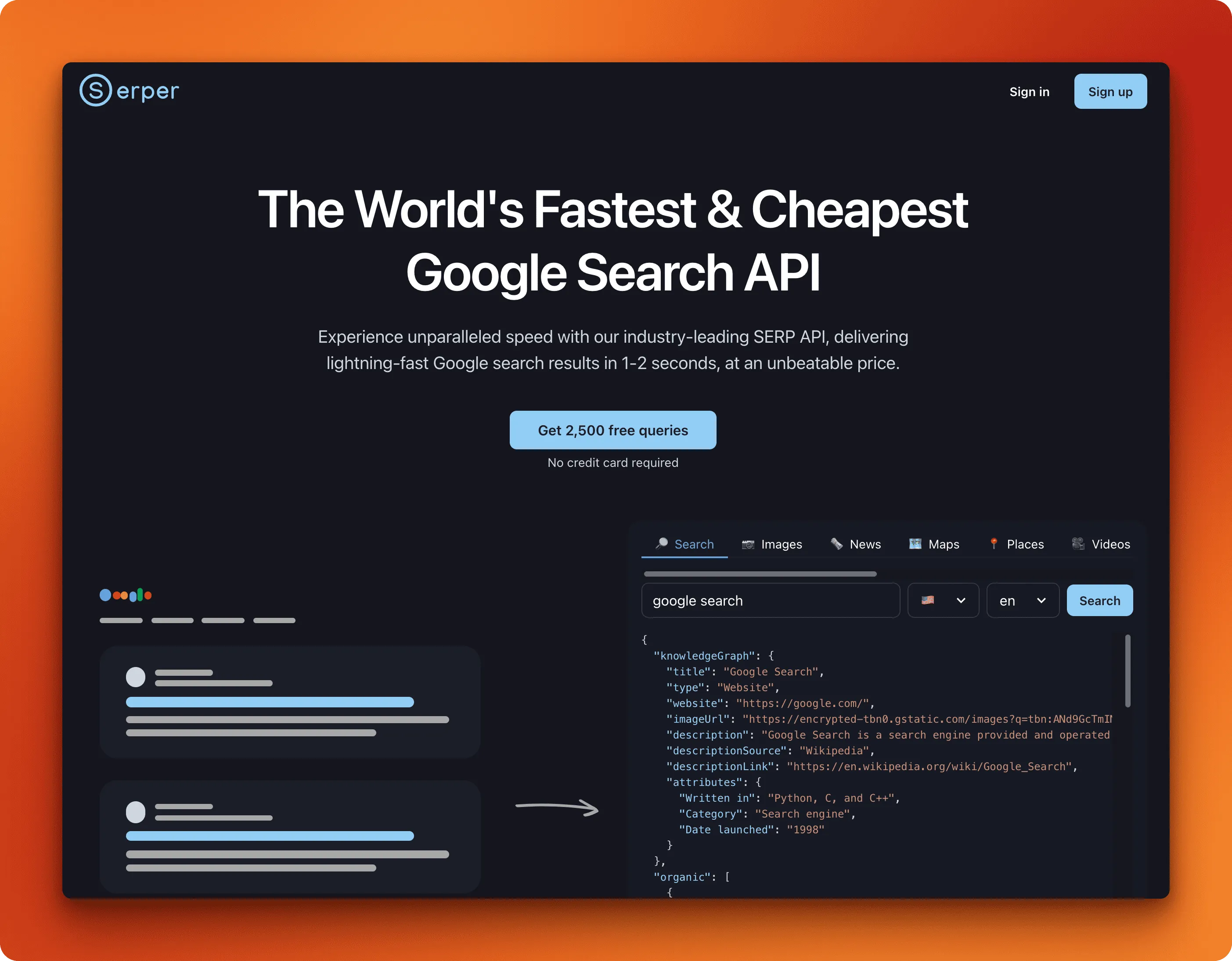 Serper API homepage showing fast Google search scraping with simple pricing
