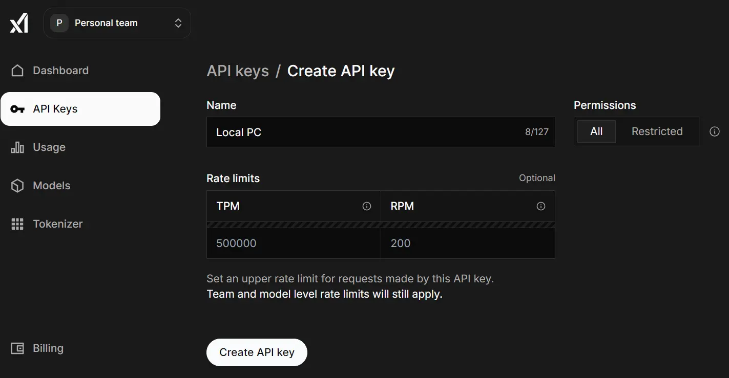 xAI API key tab