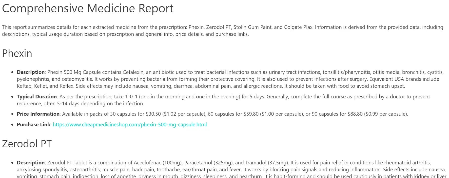 Medicine Report of prescribed medicine