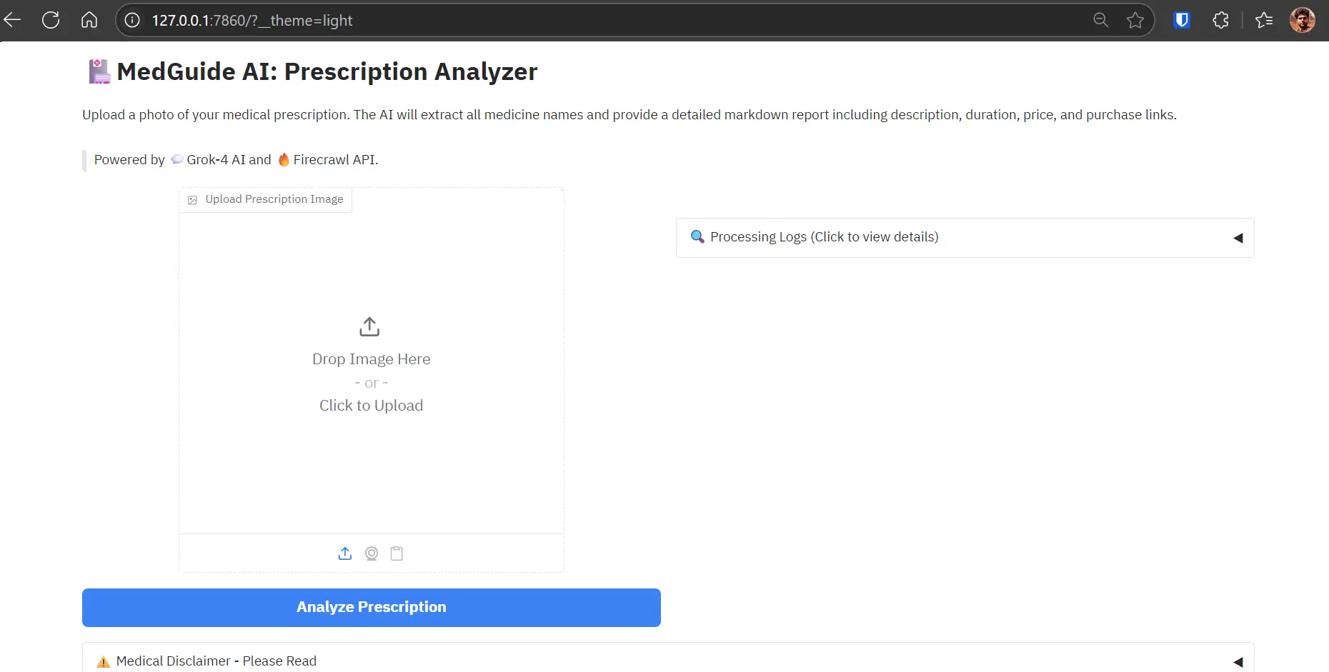 MedGuide AI application running locally