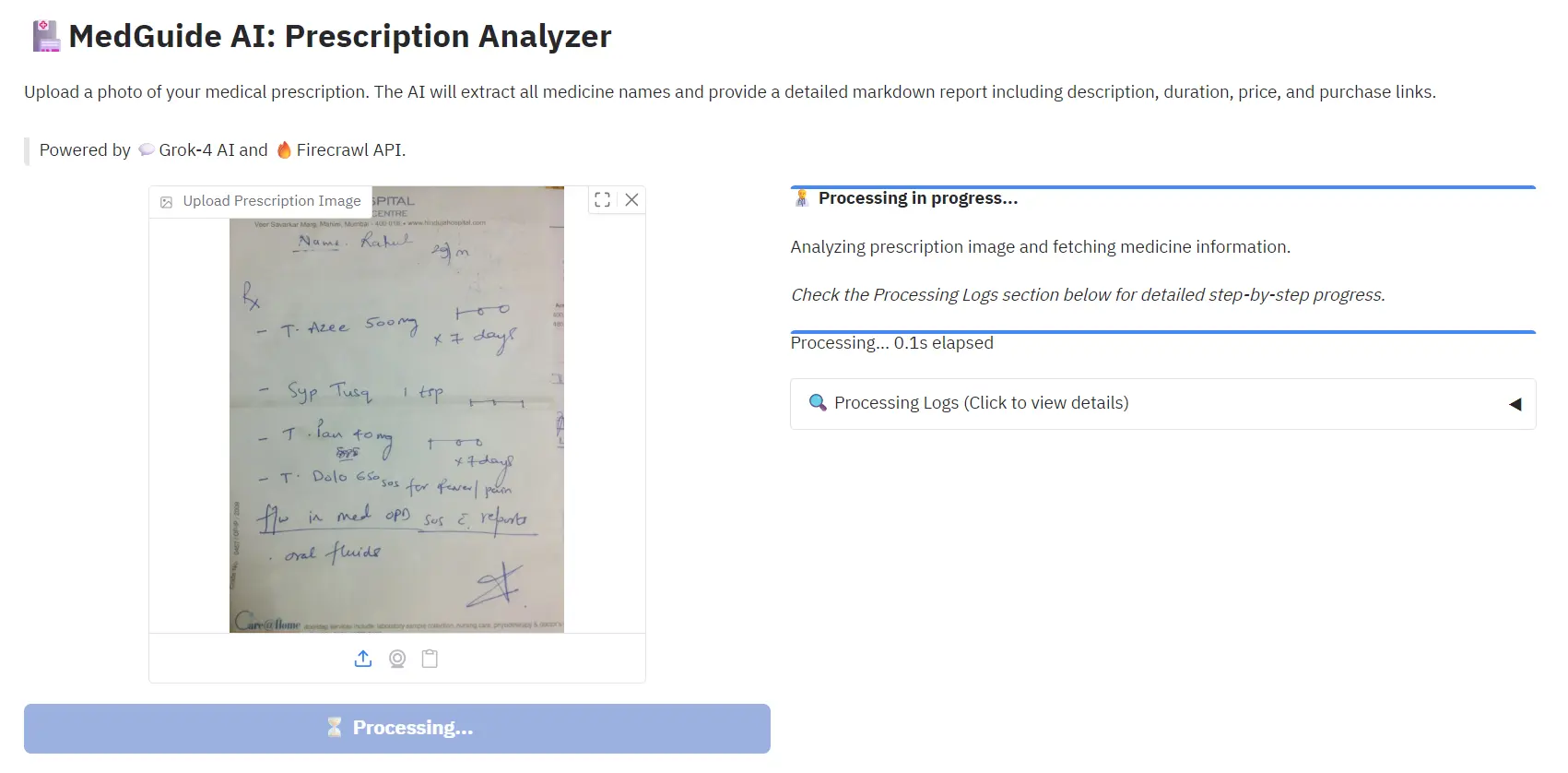 Uploading the medical prescription and generating the report.
