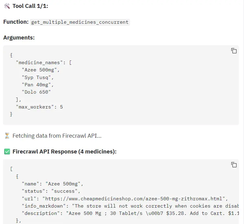 Tool call and results under the progress logs.
