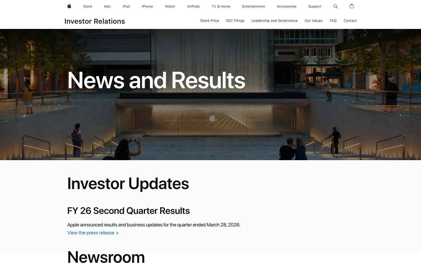 Apple's investor relations page showing FY 26 Second Quarter Results, a key data source for a finance research agent