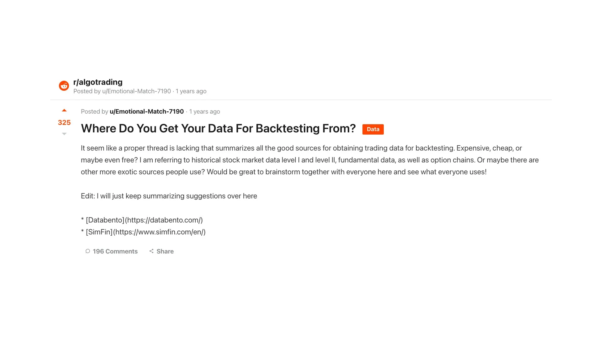 r/algotrading thread asking where to find affordable financial data for backtesting