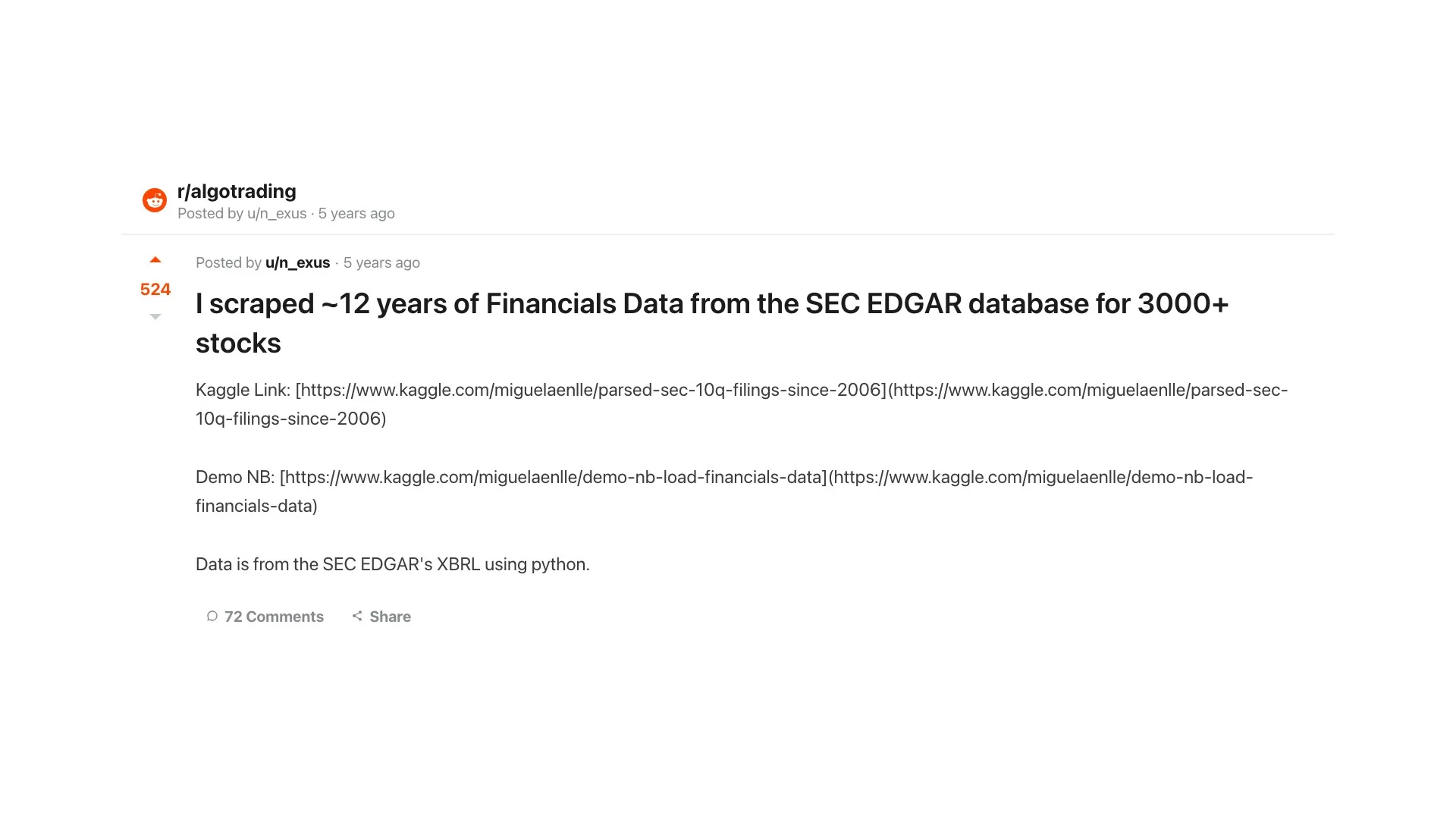 r/algotrading post about scraping 12 years of SEC EDGAR financial data for 3000+ stocks