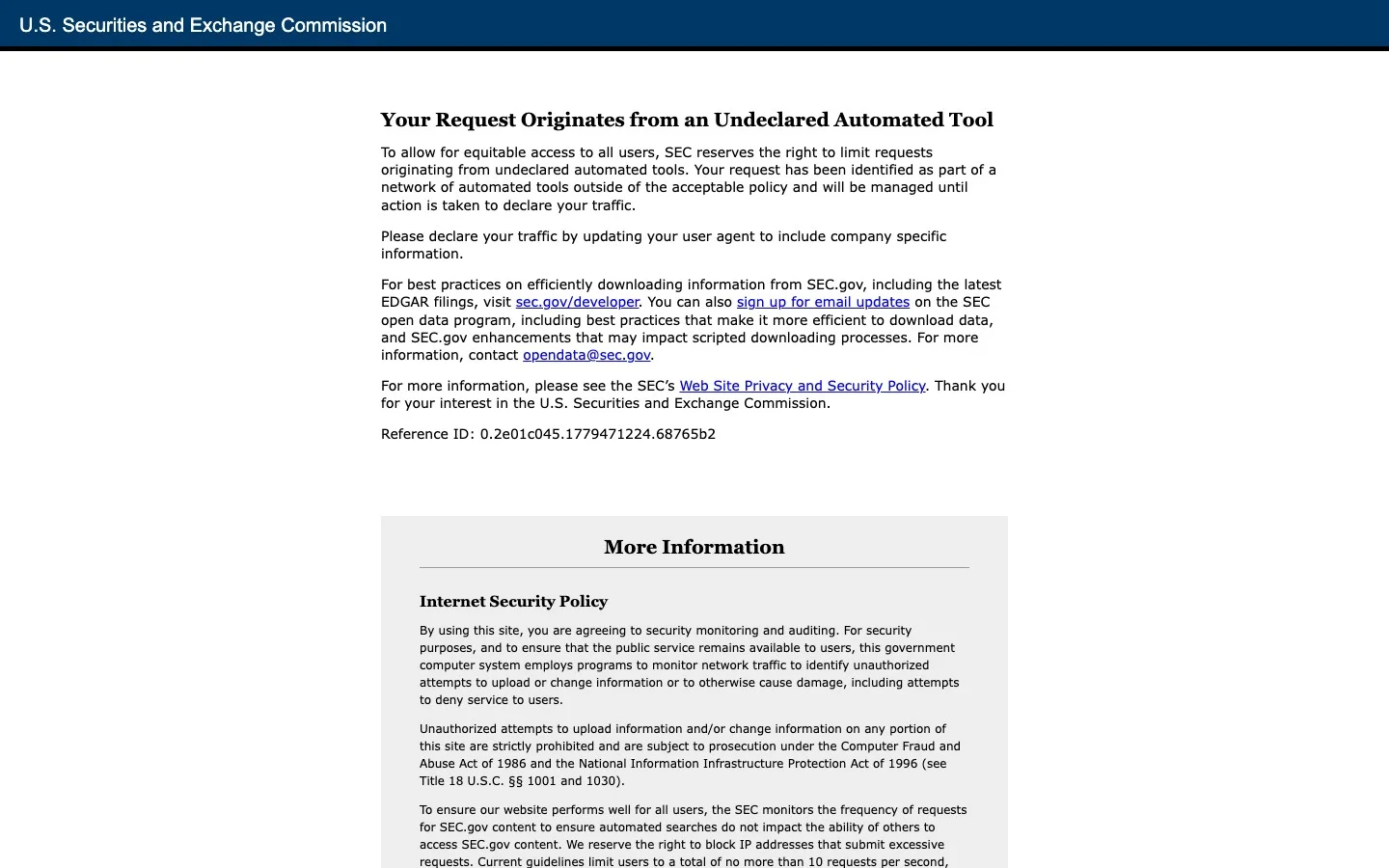 SEC.gov blocks requests from undeclared automated tools, returning an error page instead of filing content