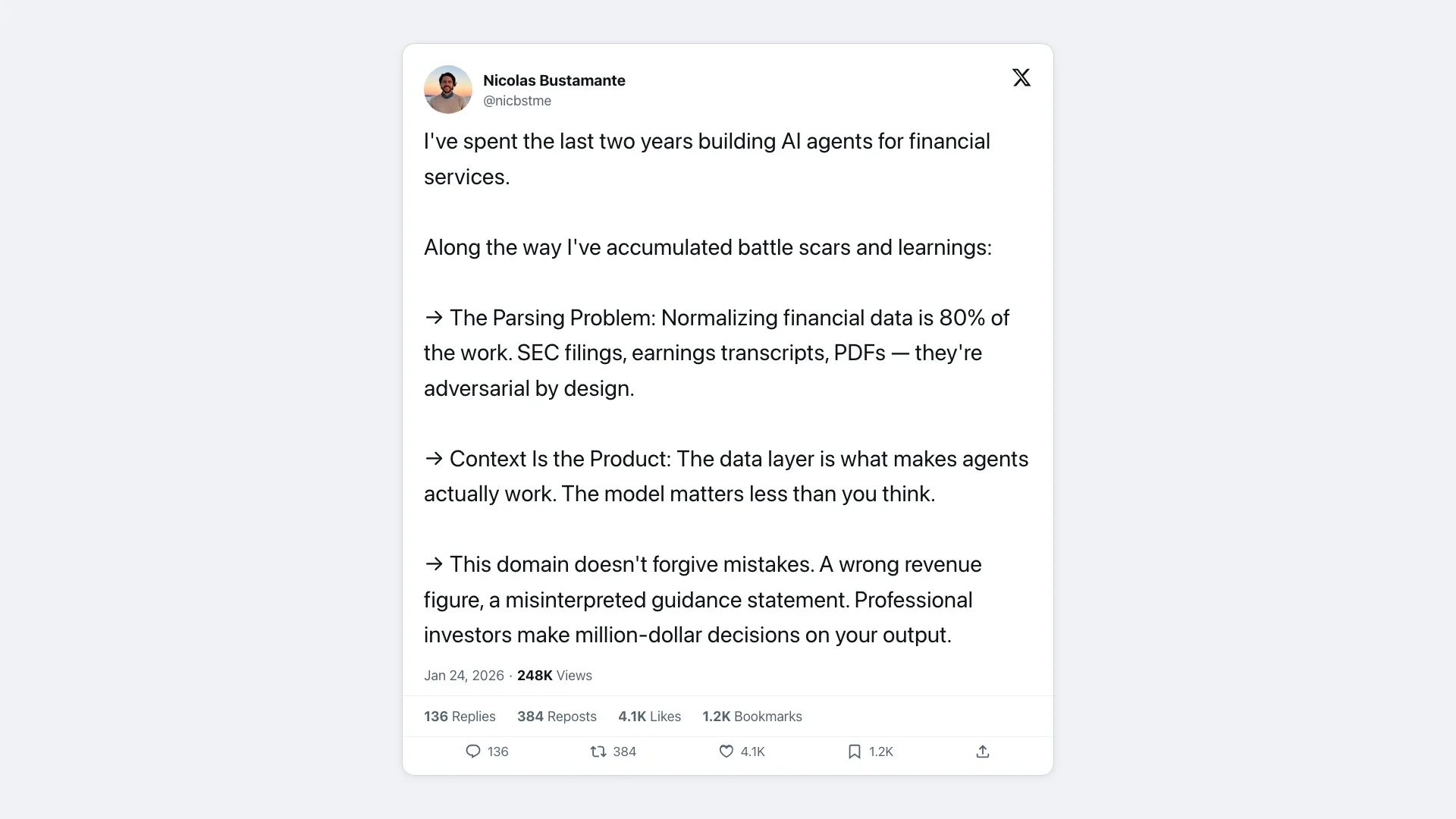 Nicolas Bustamante on X: two years building AI agents for financial services — normalizing financial data is 80% of the work, and the data layer is what makes agents actually work