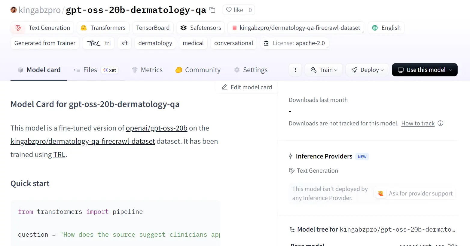 The fine-tuned model is now available at kingabzpro/gpt-oss-20b-dermatology-qa