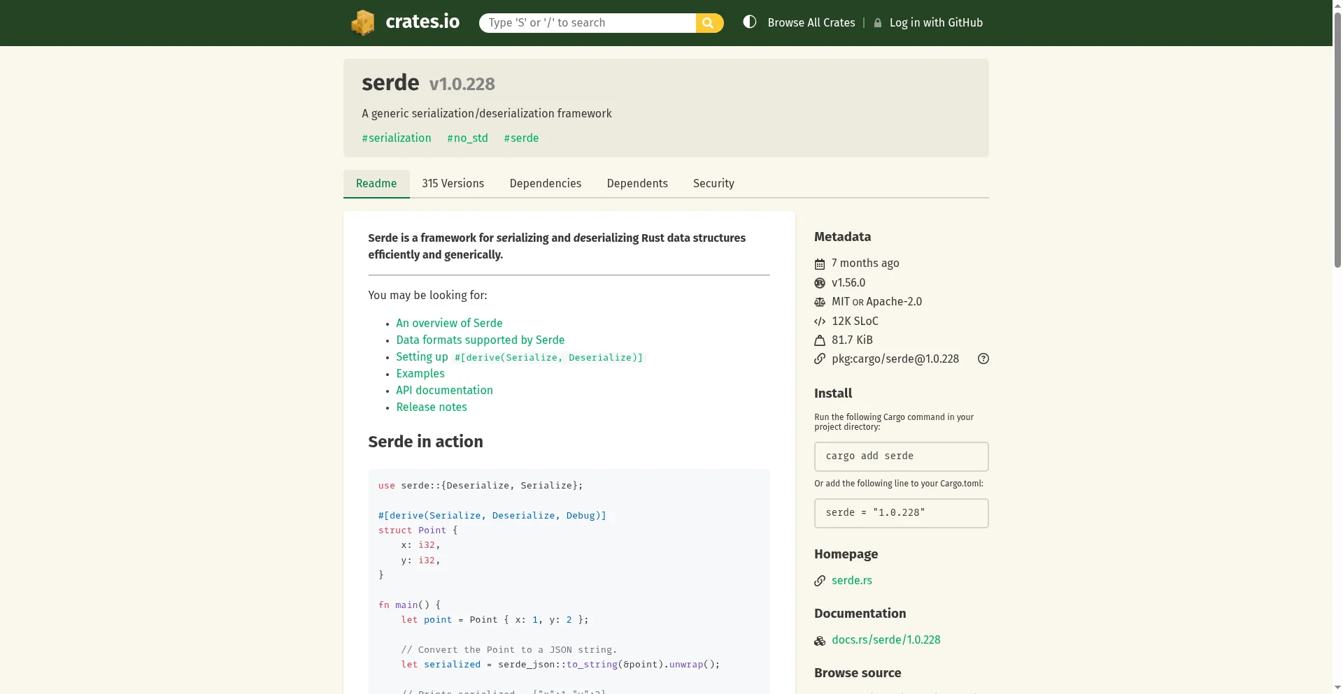Screenshot of the crates.io serde page captured from the live interact session, showing the package header, Stats Overview block, and README rendered after hydration