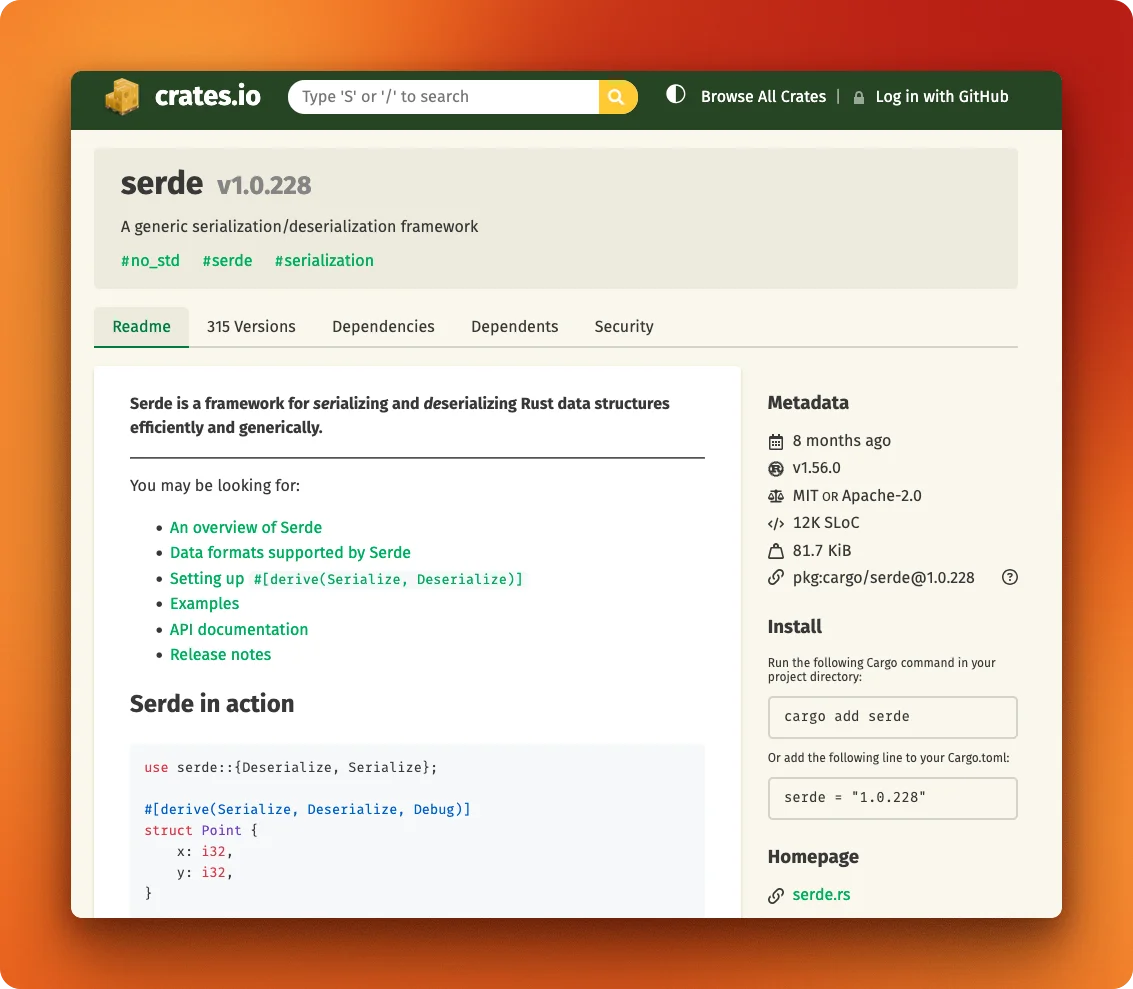 The crates.io page for the serde crate, showing the version header, the Readme/Versions/Dependencies/Dependents/Security tab strip, the rendered README, and a right sidebar with metadata and a cargo add serde install panel