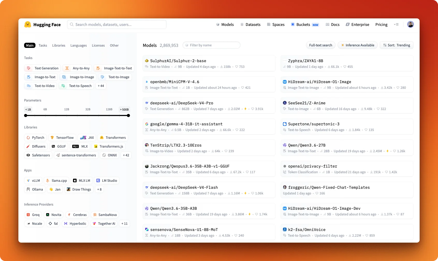 The Hugging Face models index, showing the unfiltered trending list and a "Filter by name" search input at the top