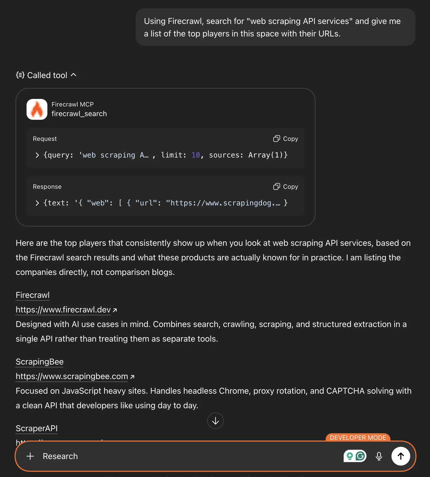 Screenshot of ChatGPT listing top web scraping API services found using Firecrawl search