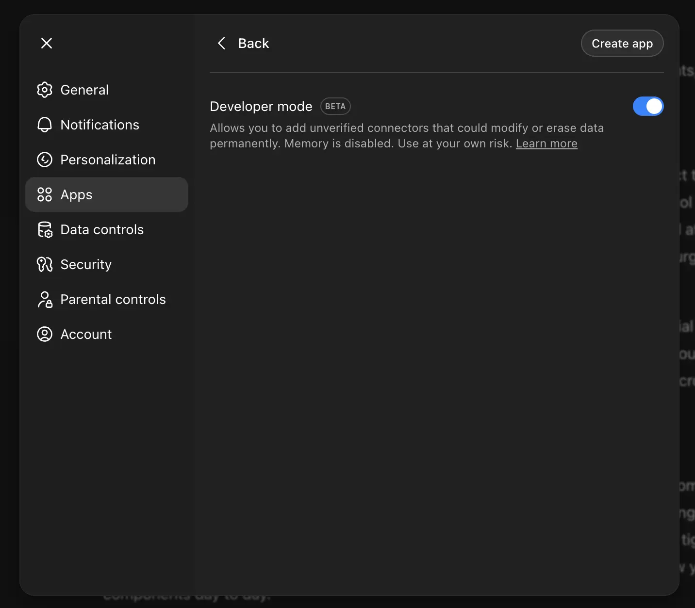 ChatGPT settings menu showing the Advanced Settings with Developer Mode toggled on