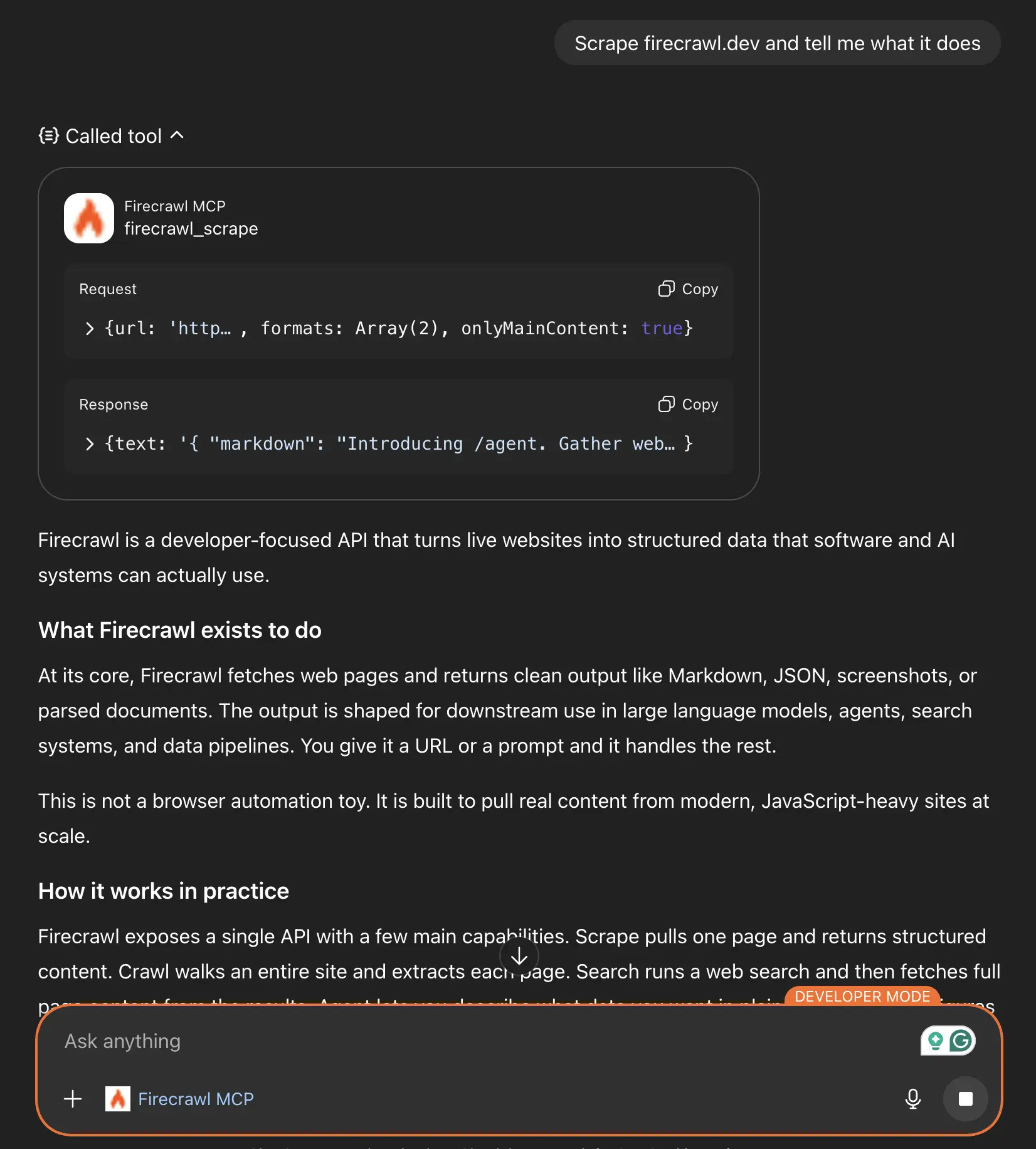 Screenshot of ChatGPT scraping the Firecrawl website and summarizing its features