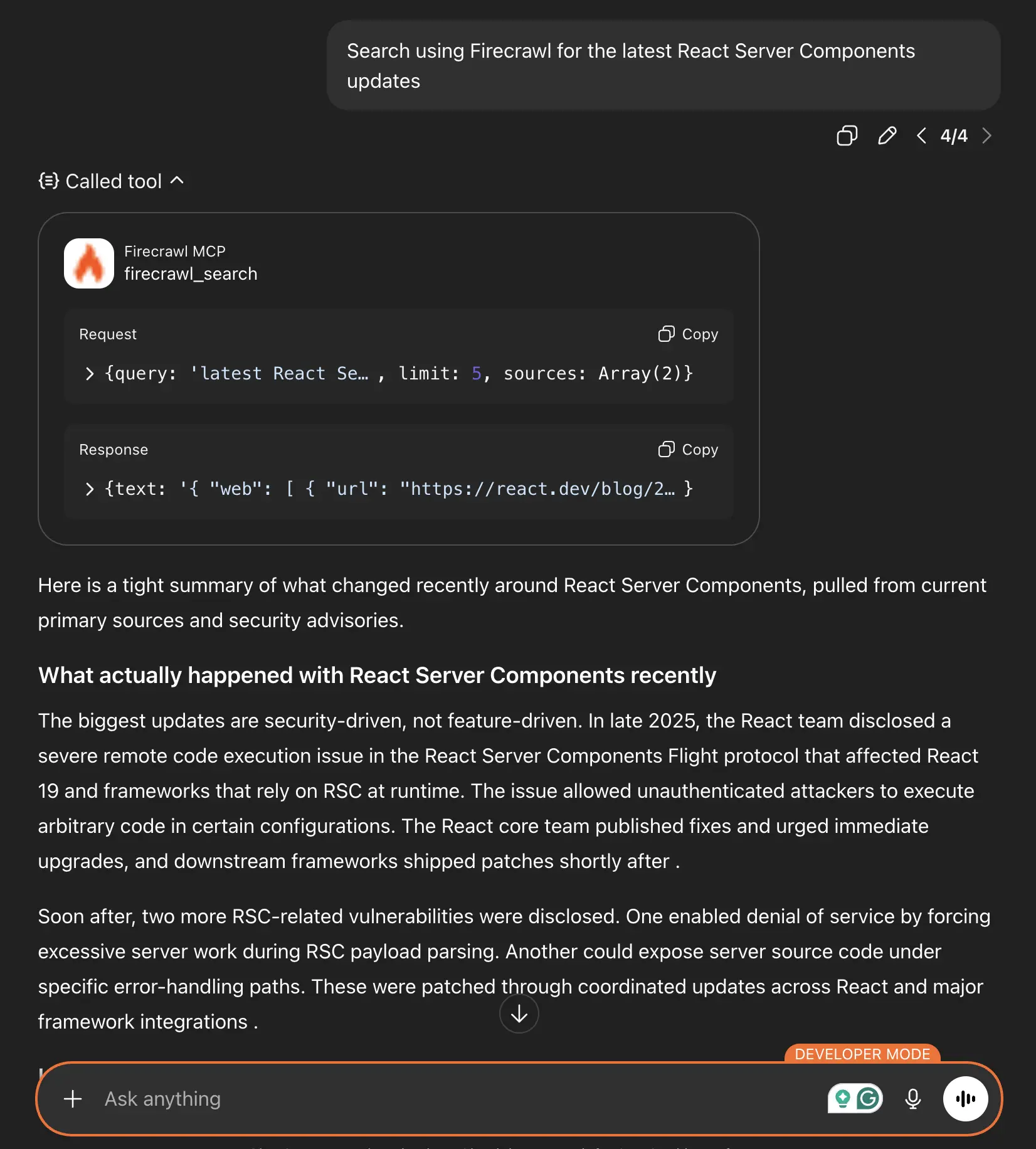 Screenshot of a ChatGPT conversation searching for React Server Components using Firecrawl