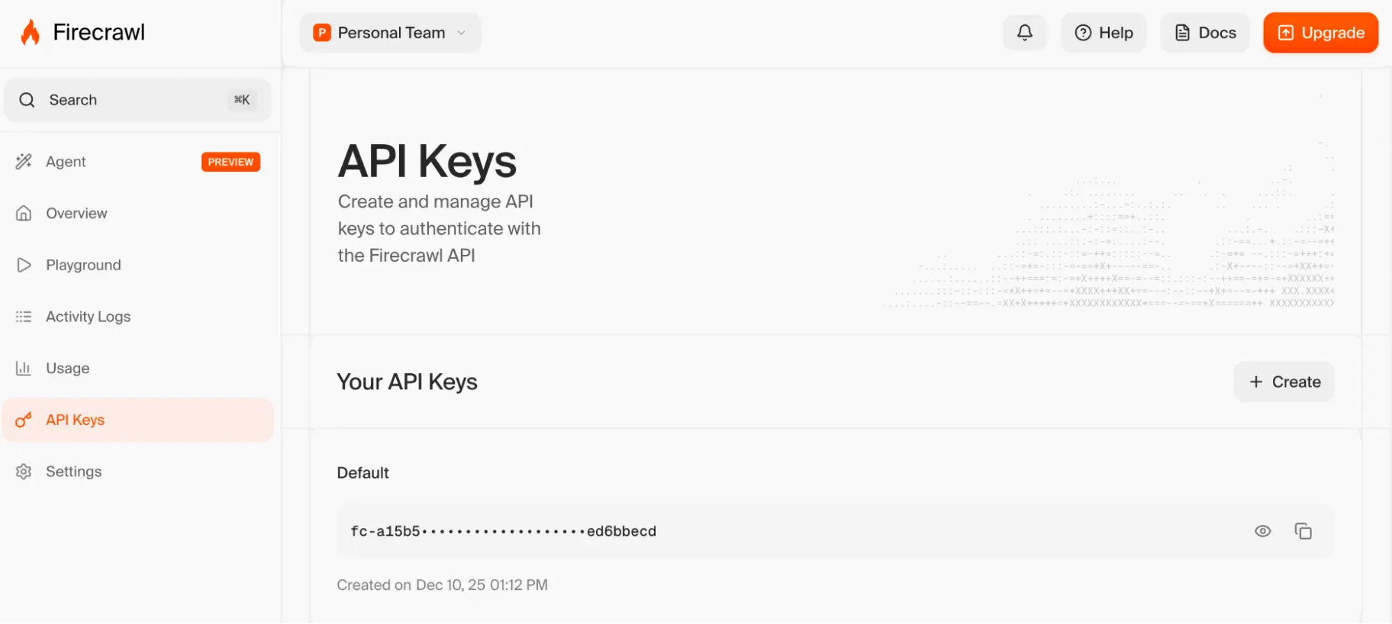Screenshot of the Firecrawl dashboard showing the API keys section
