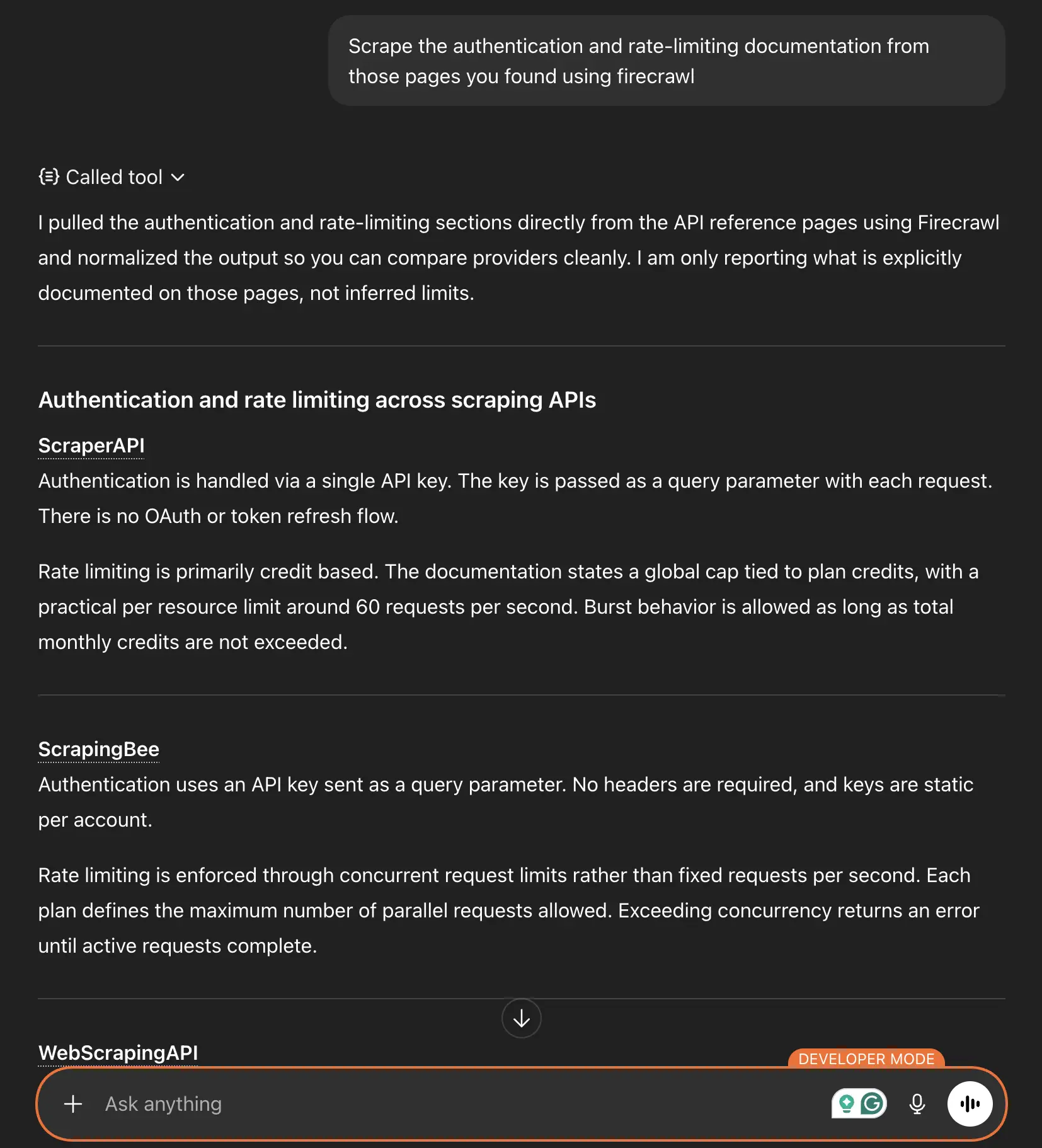 Screenshot showing mapped documentation pages and scraped content regarding authentication and rate-limiting
