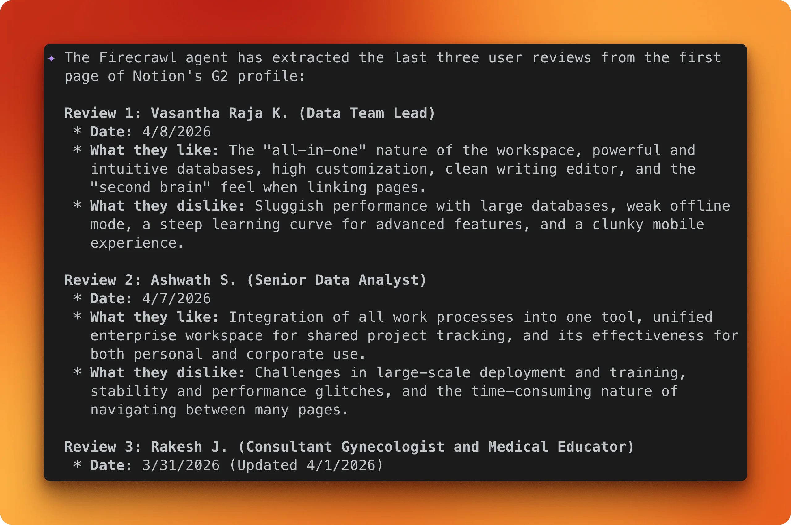 Three extracted user reviews with names, dates, likes, and dislikes