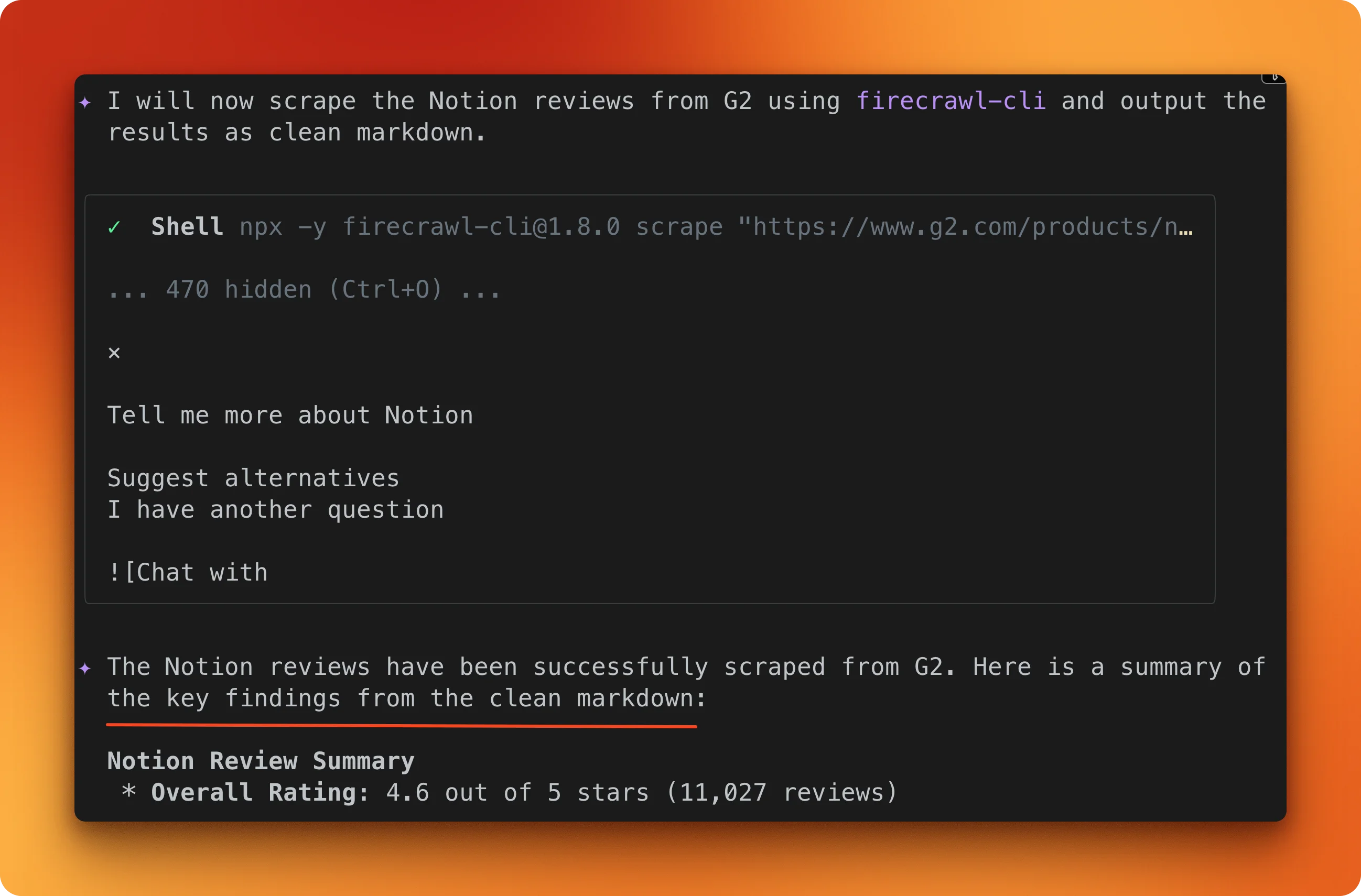 Firecrawl scraping the G2 Notion reviews page and returning clean markdown
