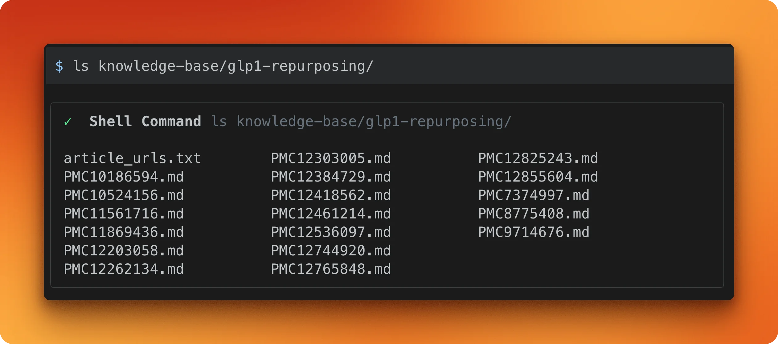 The knowledge-base directory listing showing all markdown files