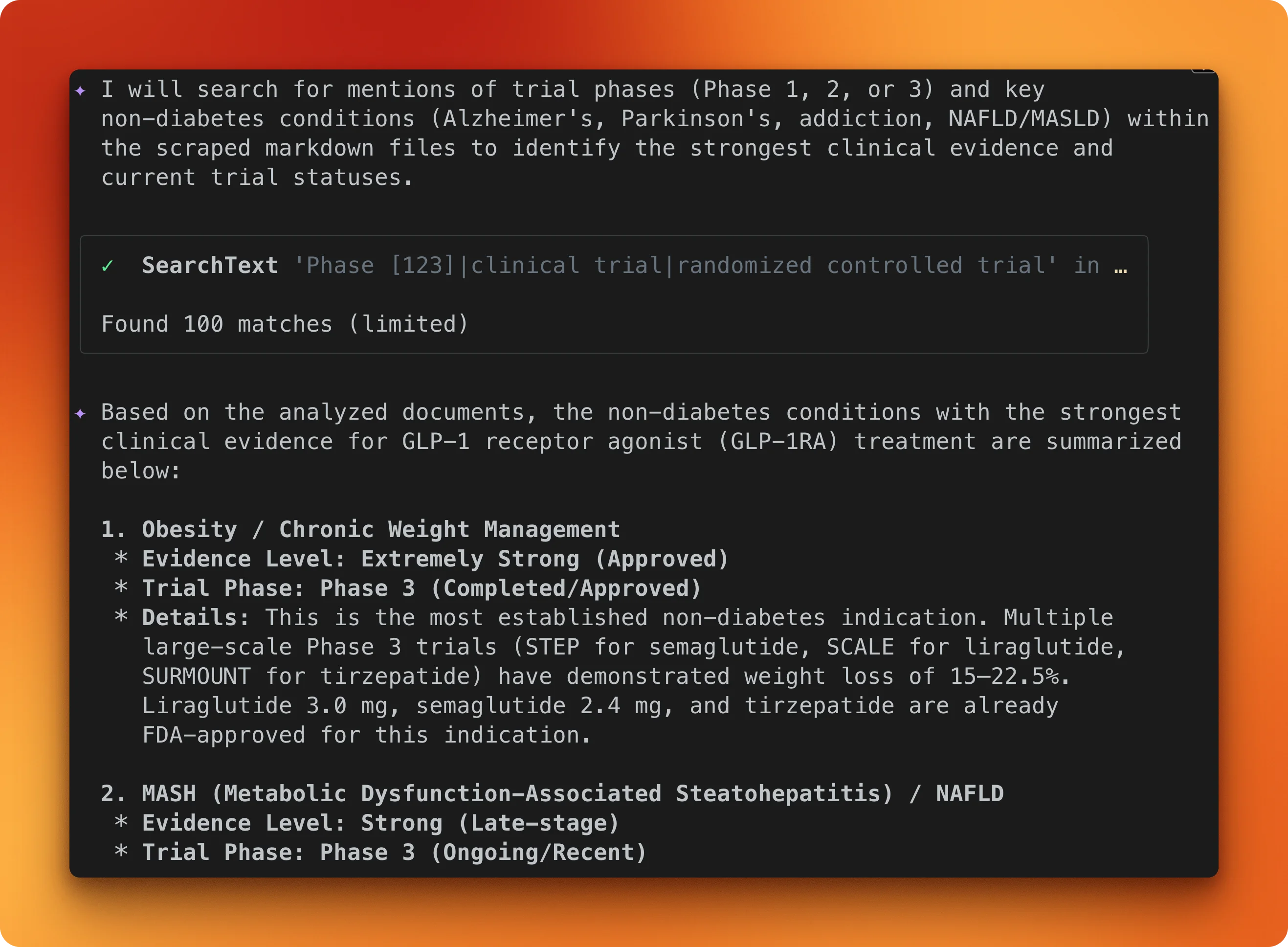 Query results showing evidence levels and trial phases for each condition