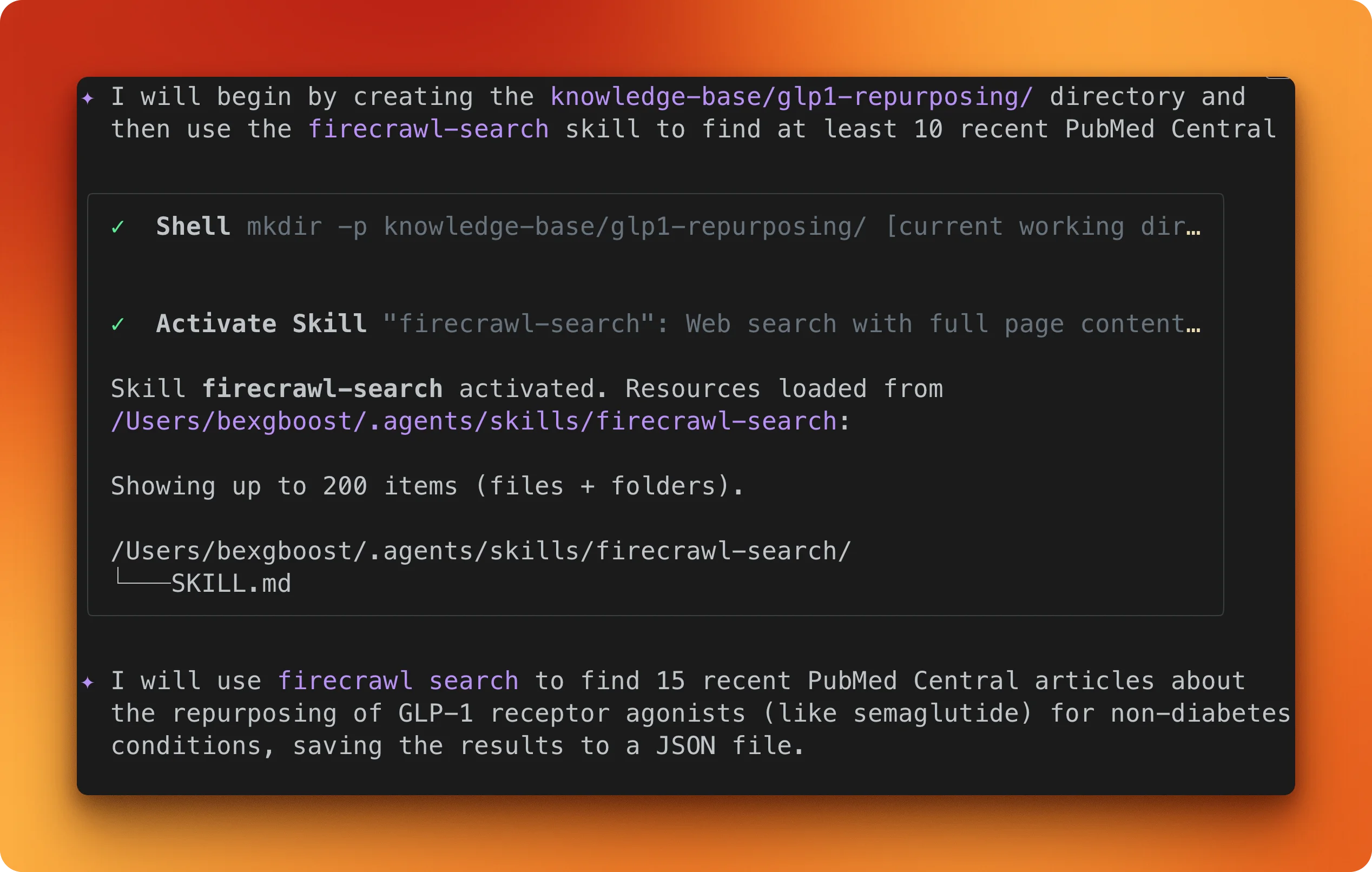 Gemini CLI creating the knowledge base directory and activating the firecrawl-search skill