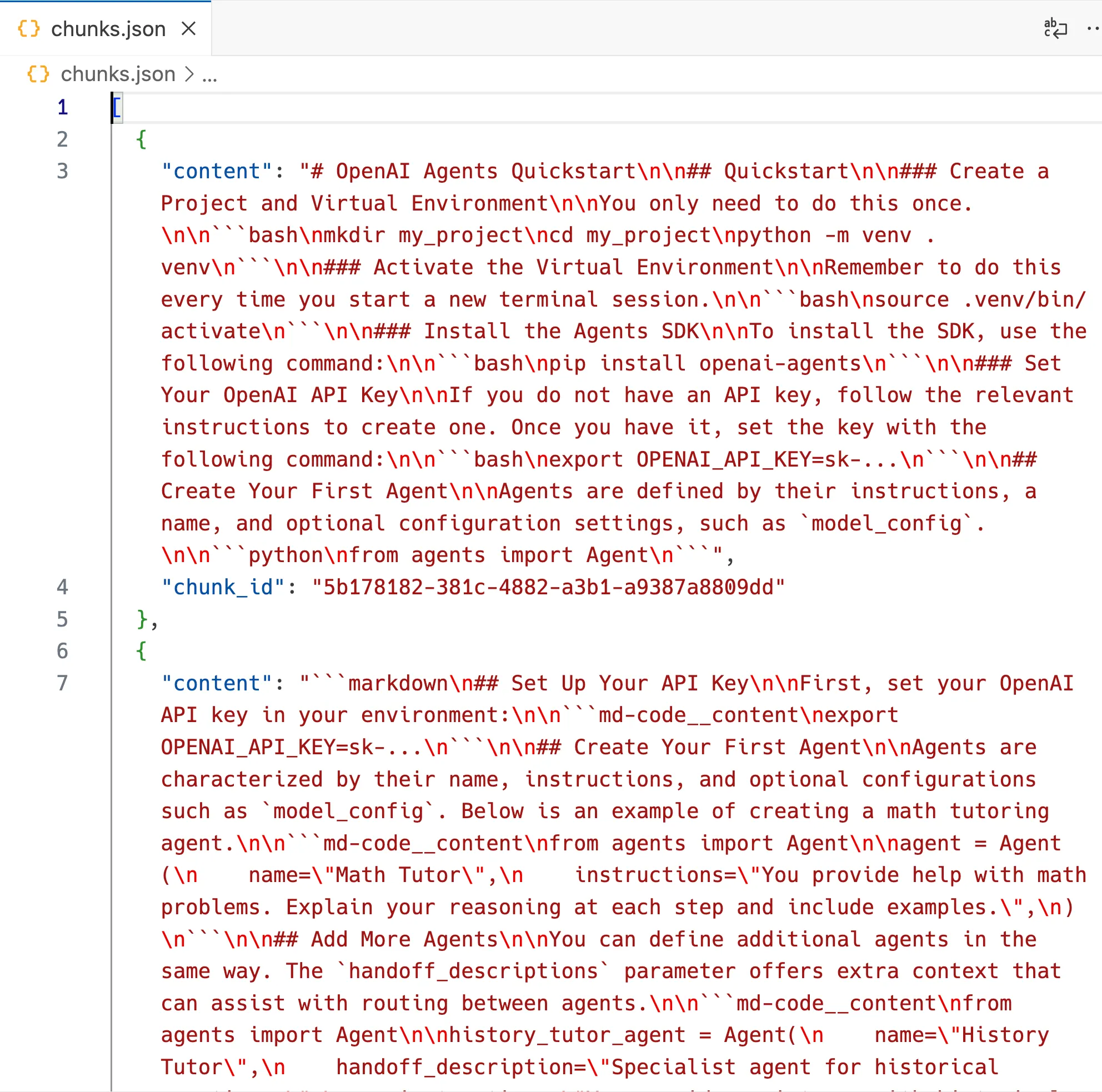 Screenshot showing the JSON format of chunked data with text and metadata fields