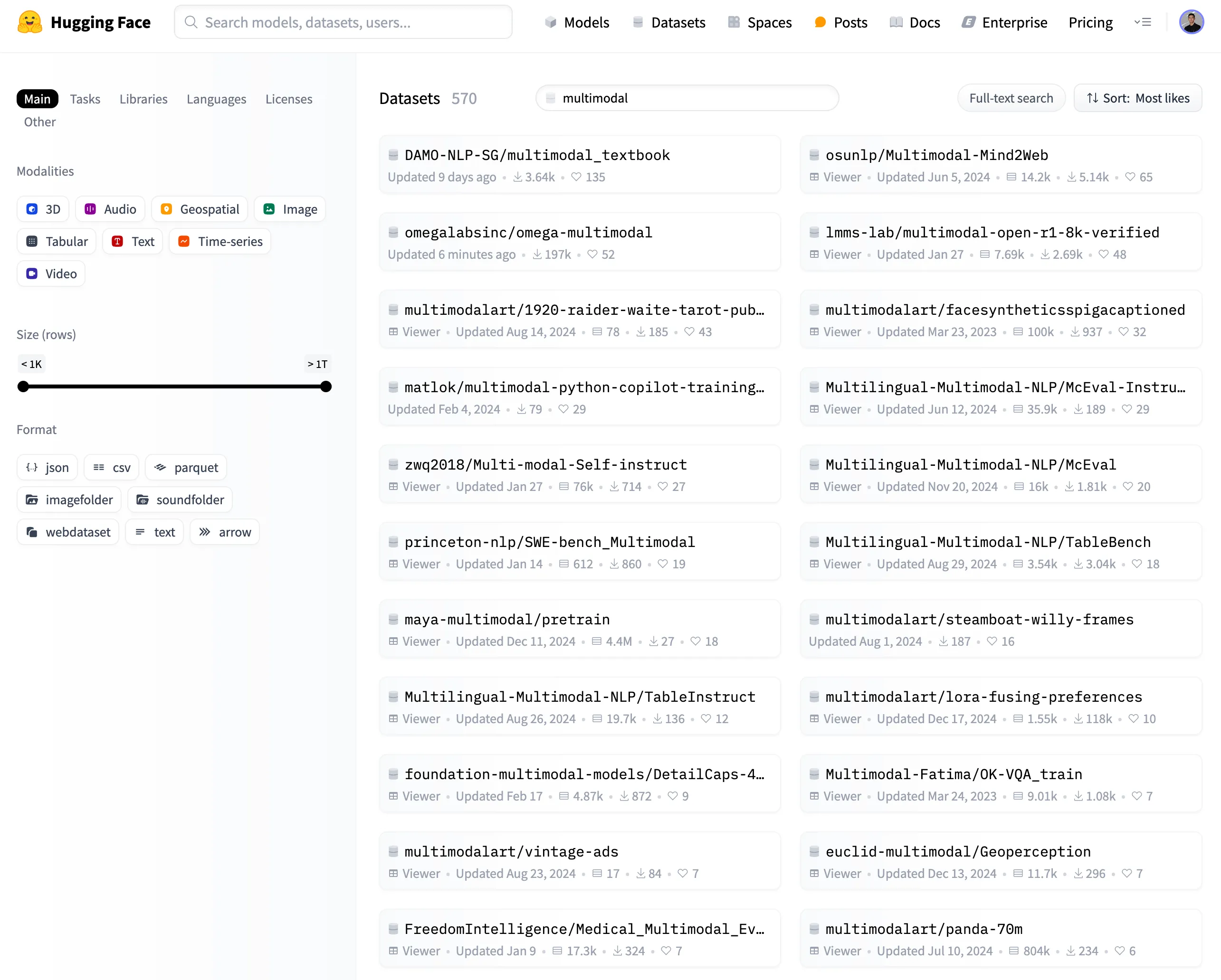 Screenshot of HuggingFace Hub search results showing multimodal datasets with filtering options and popularity metrics