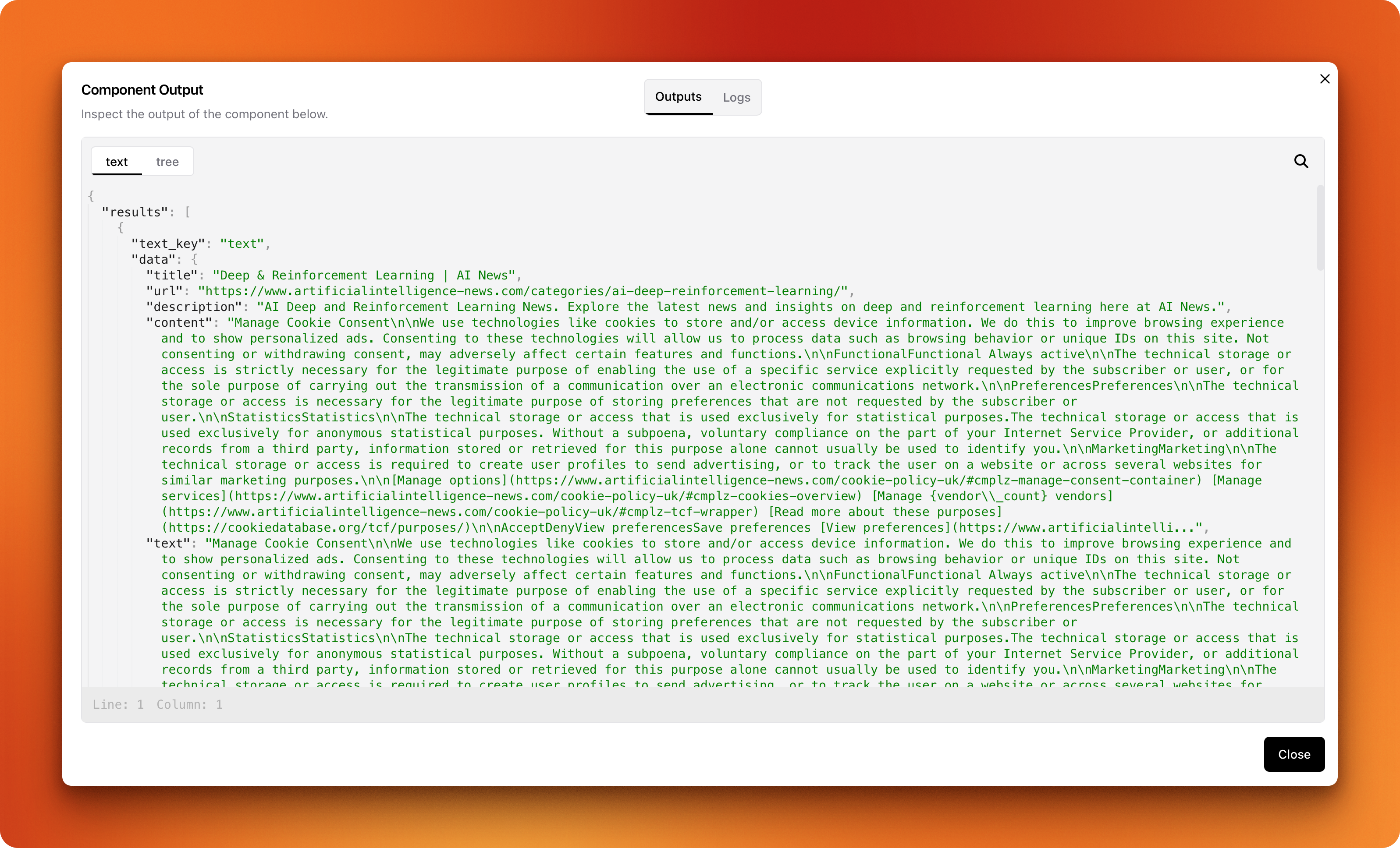 Screenshot of LangFlow component outputs window showing search results with structured data including titles, URLs, and content from the Firecrawl search component