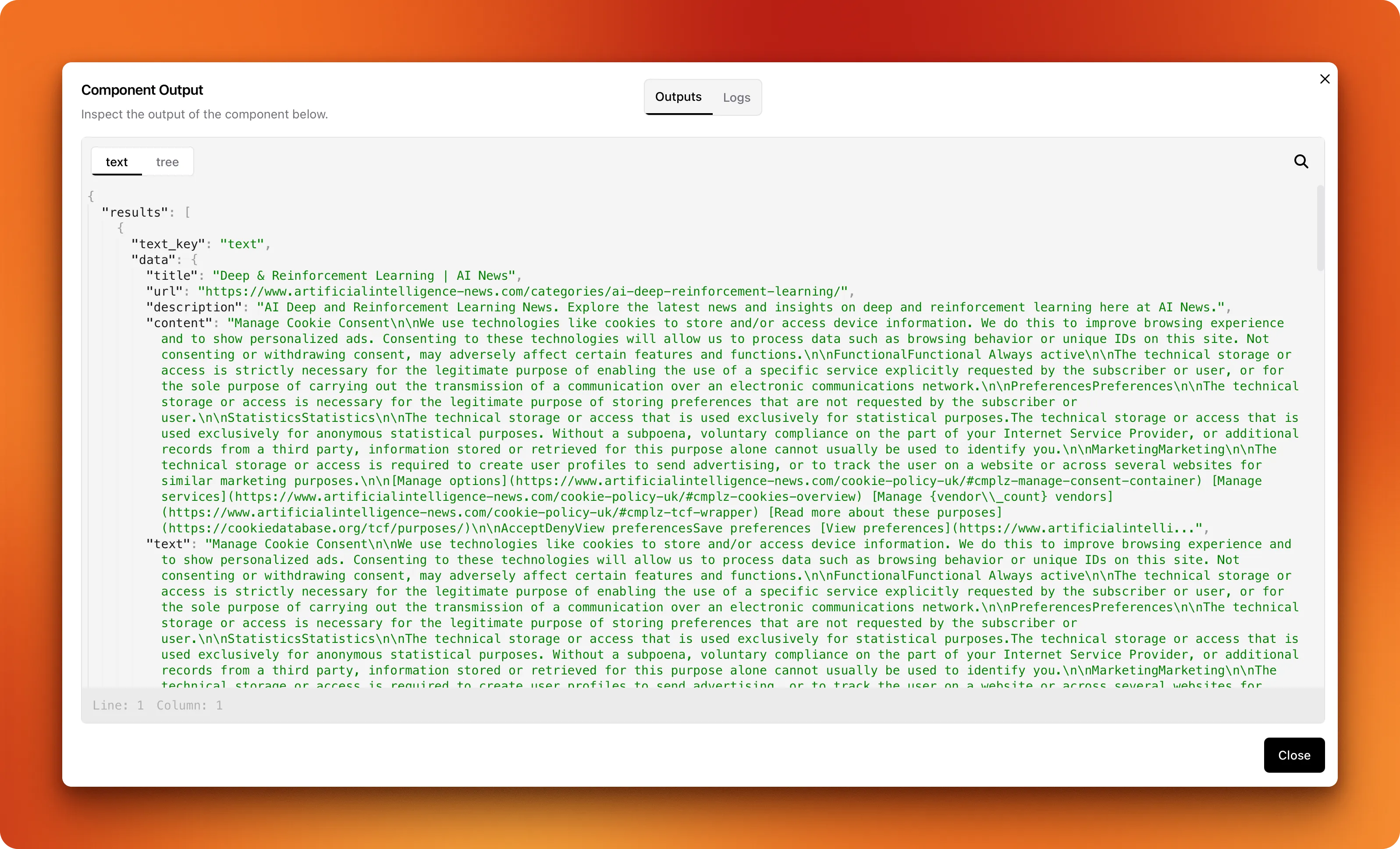 Screenshot of LangFlow component outputs window showing search results with structured data including titles, URLs, and content from the Firecrawl search component